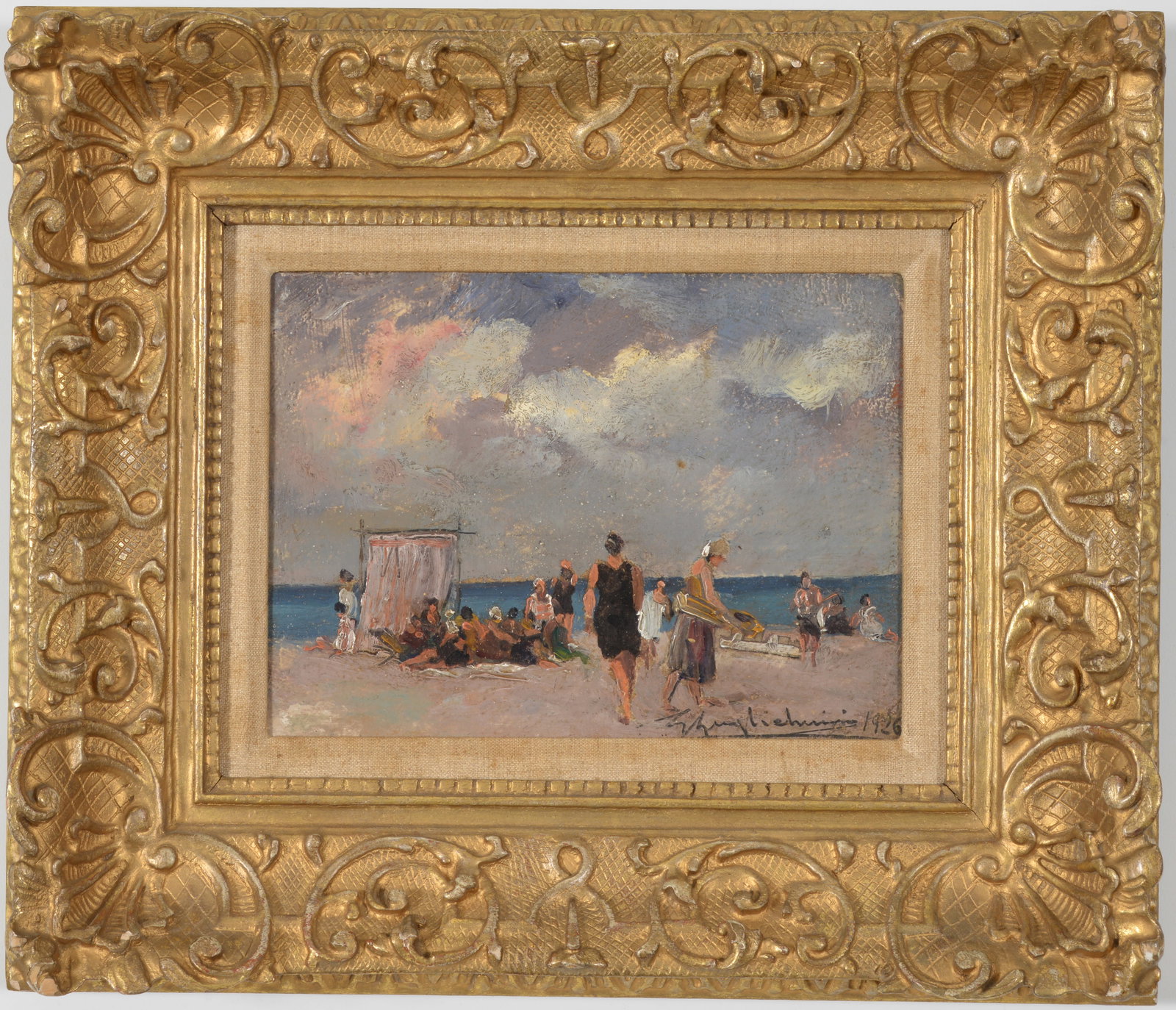 1926 Impressionist Italian school beach scene painting with numerous figures. Oil on board mounted (1 of 9)