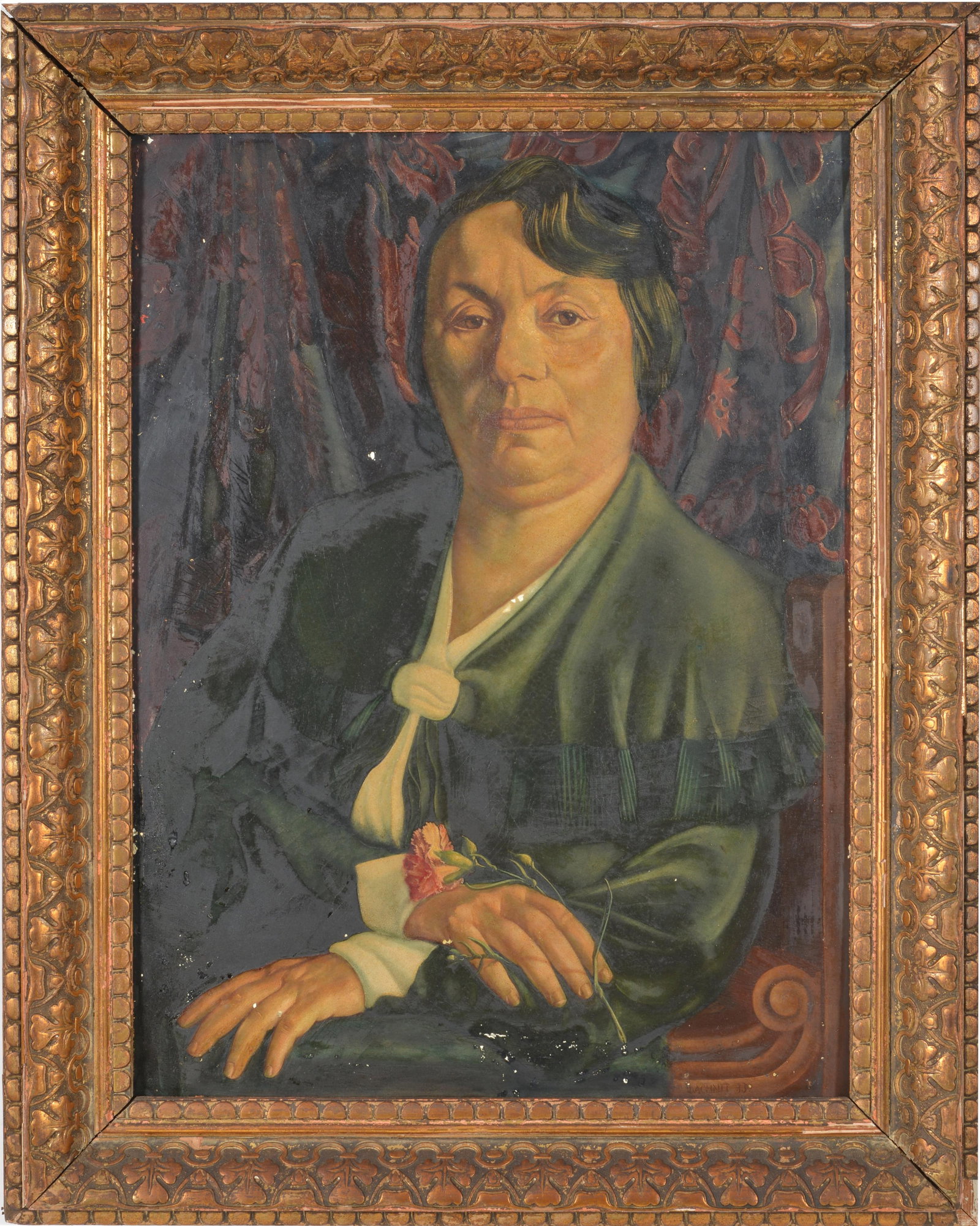 Wilhelm Lachnit. German. 1933. Portrait of a woman holding a flower. Oil on board. Signed and dated: Wilhelm Lachnit. German. 1933. Portrait of a woman holding a flower. Oil on board. Signed and dated lower right. Framed. Several paint flakes near center. Scattered small paint flakes lower edge and l
