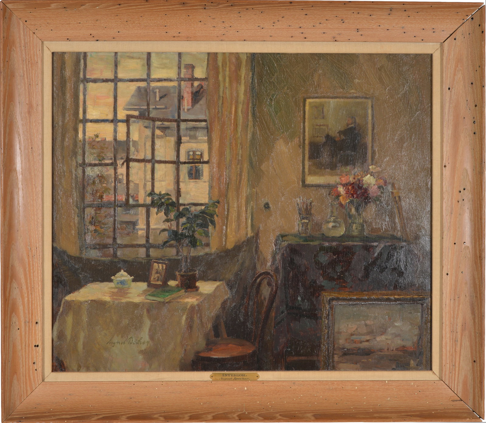 August Bocher. German. Interior still life with flowers, paintings, and a table set for tea before (1 of 16)