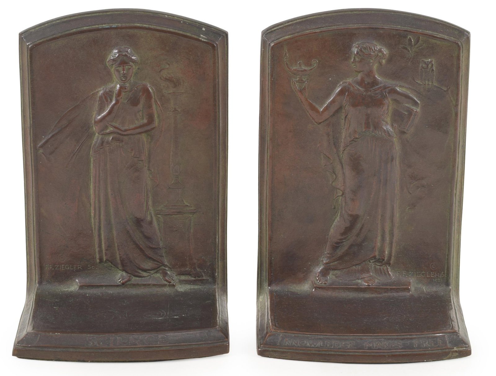 Franz F. Ziegler. German/American. Pair of Gorham classical style bronze bookends: "Knowledge Makes (1 of 7)