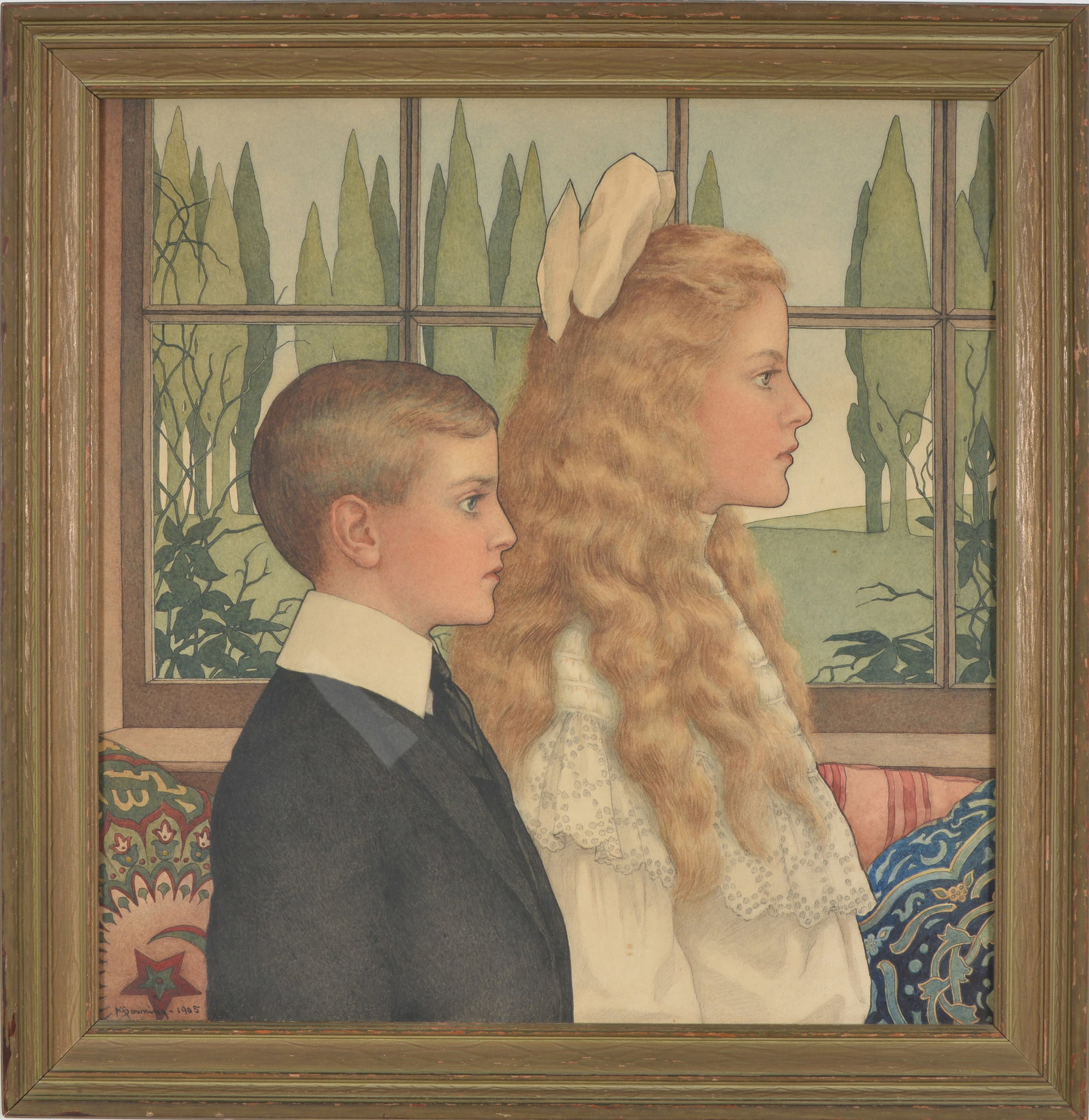 Margaret Savage Downing. 1905 original art nouveau illustration style portrait of a brother and: Margaret Savage Downing. 1905 original art nouveau illustration style portrait of a brother and sister by a window. Mixed media. Signed and dated lower left. Sight: 20 x 20in approximately. Overall: 2