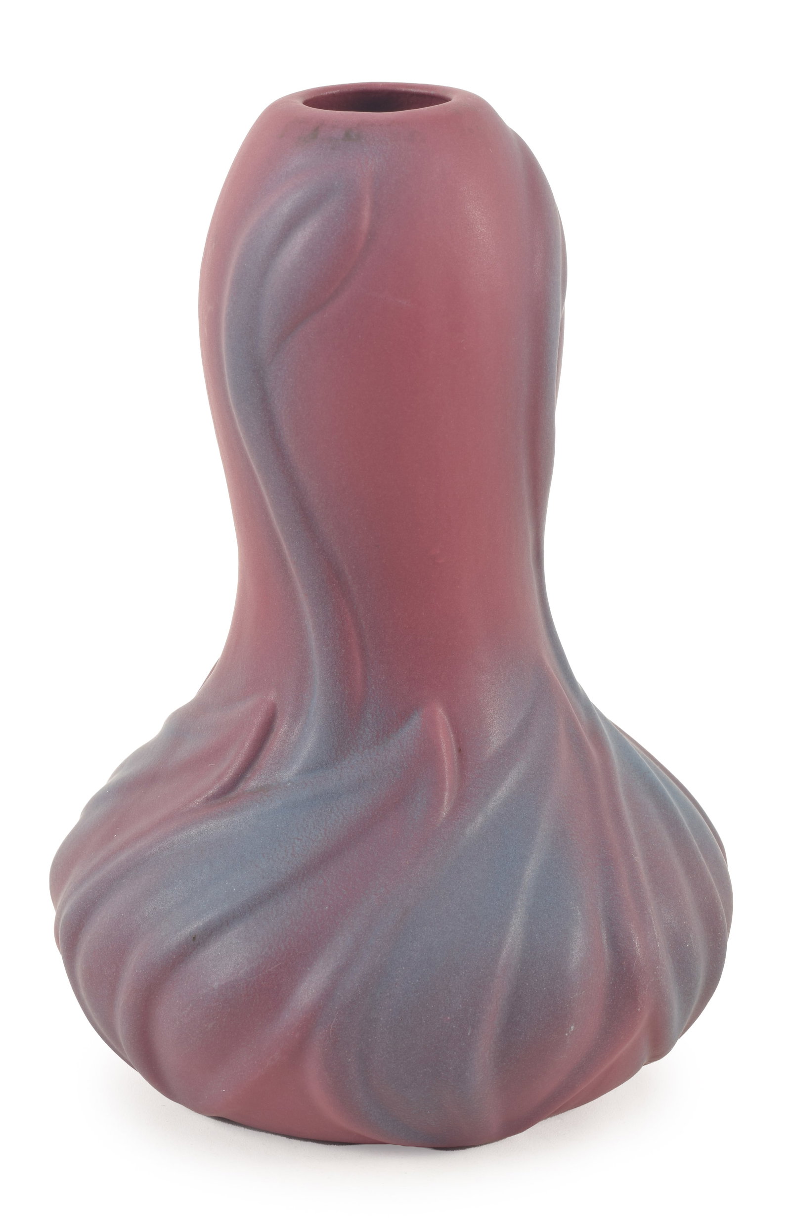 Van Briggle art pottery vase lamp base. Bulbous base form with relief floral and leaf decoration in: Van Briggle art pottery vase lamp base. Bulbous base form with relief floral and leaf decoration in deep purple/red glaze. As-made hold near base for lamp wiring. Inscribed marks on base. 7.75in high.