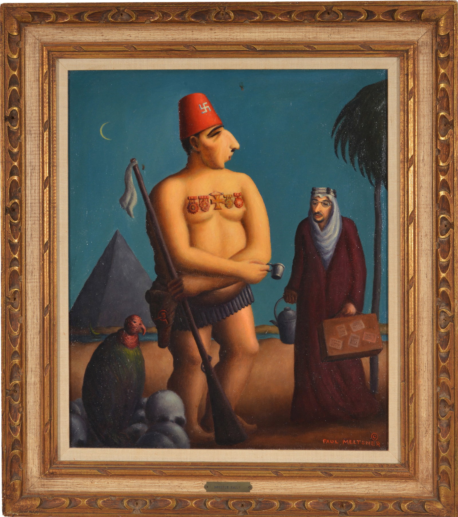Paul Raphael Meltsner. American. "Monster Rally (Meeting of Nasser and King Saud)". Oil on canvas.: Paul Raphael Meltsner. American. "Monster Rally (Meeting of Nasser and King Saud)". Oil on canvas. Signed lower right. Titled and signed on stretcher in pencil. Sight: 24 x 20in. Overall: 32 x 28in. P