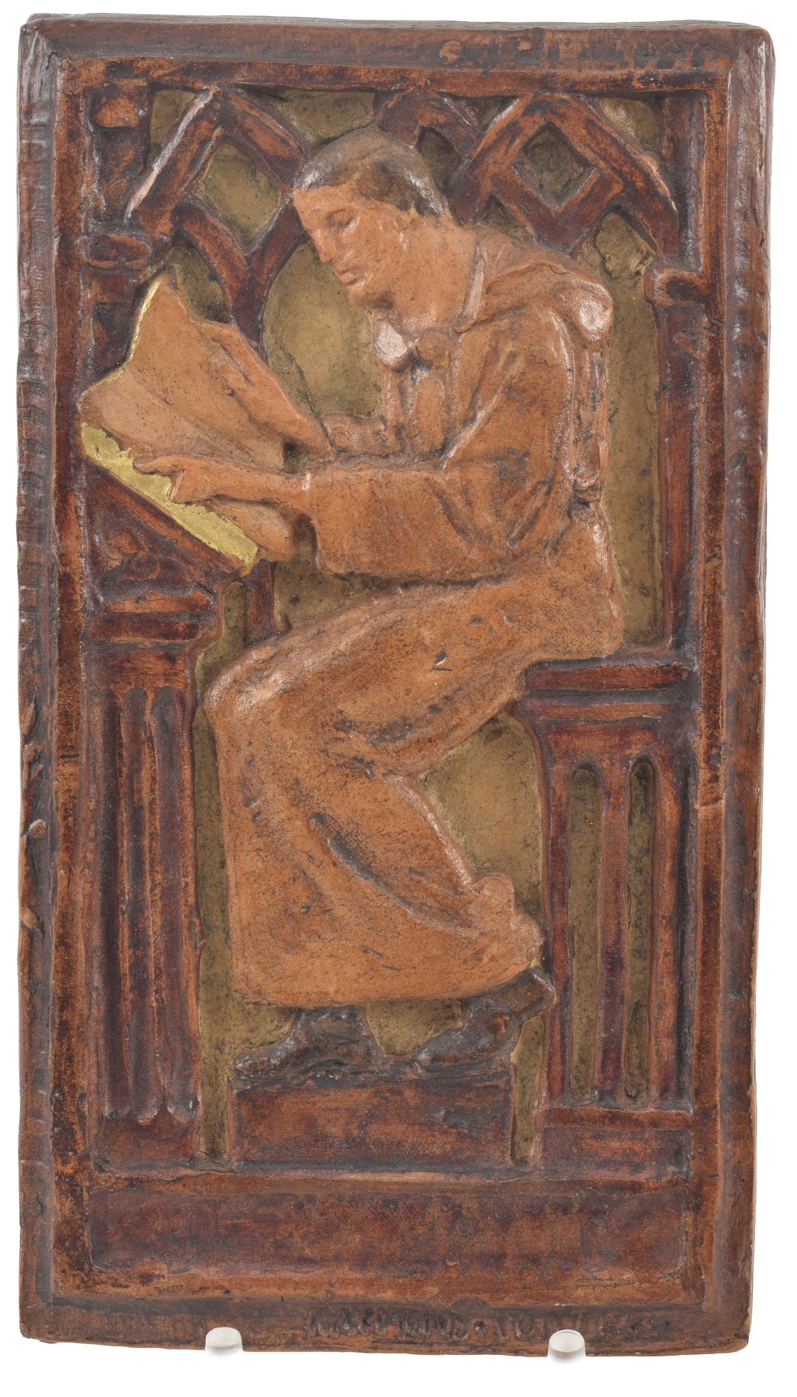 Raymond Porter. Massachusetts. Arts & Crafts period painted ceramic tile depicting a seated monk (1 of 3)