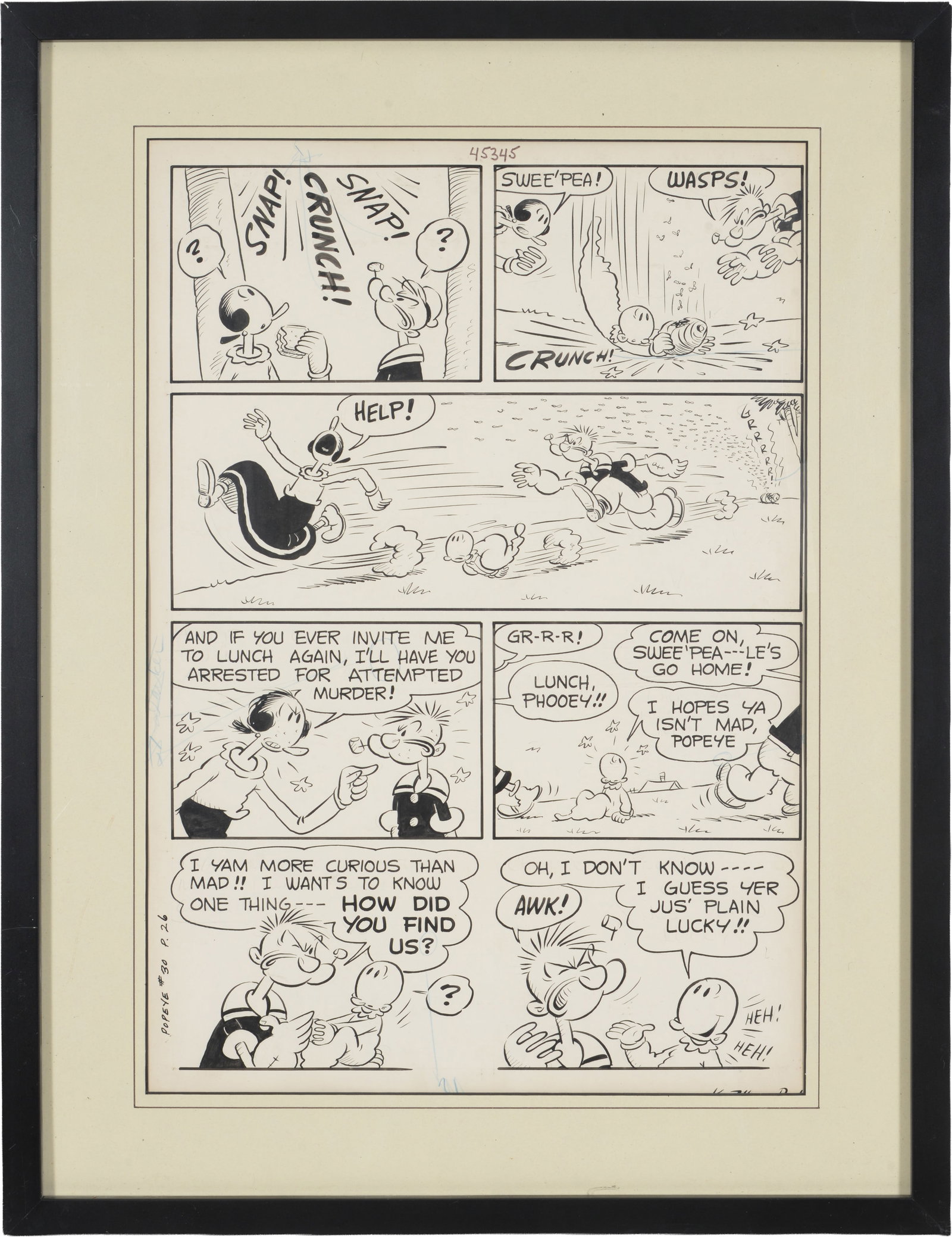 Original Popeye ink cartoon illustration depicting Popeye, Olive Oil, and Sweet Pea. Popeye #30, (1 of 7)