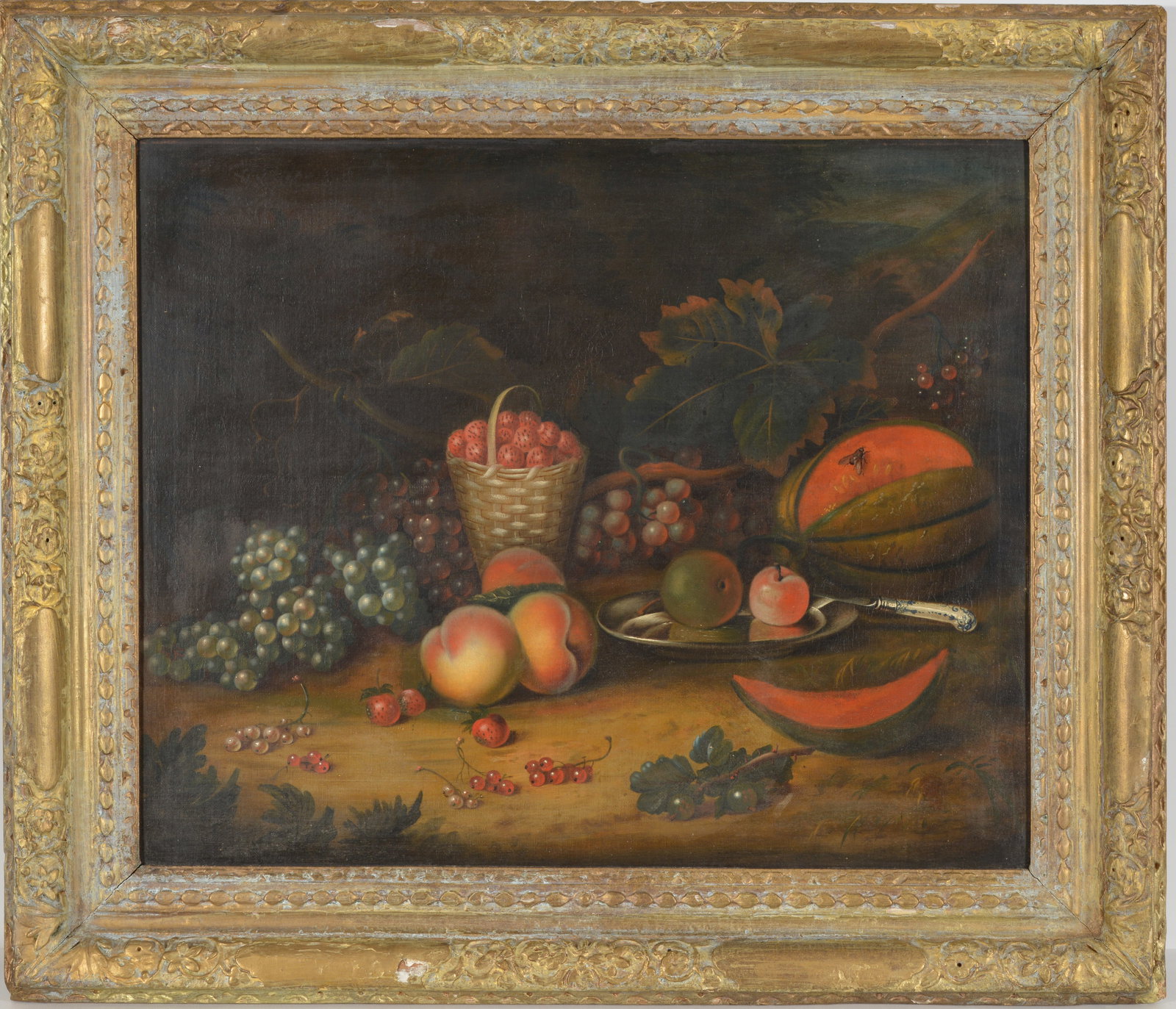 Old Master still life painting, attributed to Tobias Stranover. Large still life with melons,: Old Master still life painting, attributed to Tobias Stranover. Large still life with melons, insects, strawberries in a basket, and other fruit. Oil on canvas. Old reline and restretch. Framed. Label
