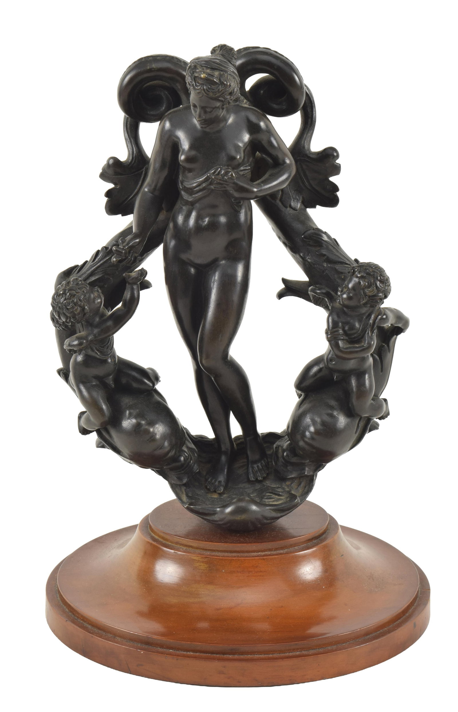 Late 16th Century Venetian patinated bronze door knocker, Tiziano Aspetti (1559?1606). Depicting: Late 16th Century Venetian patinated bronze door knocker, Tiziano Aspetti (1559?1606). Depicting Venus astride dolphins, flanked by putti, on an antique fruitwood base. Fine old surface. Bronze dimens