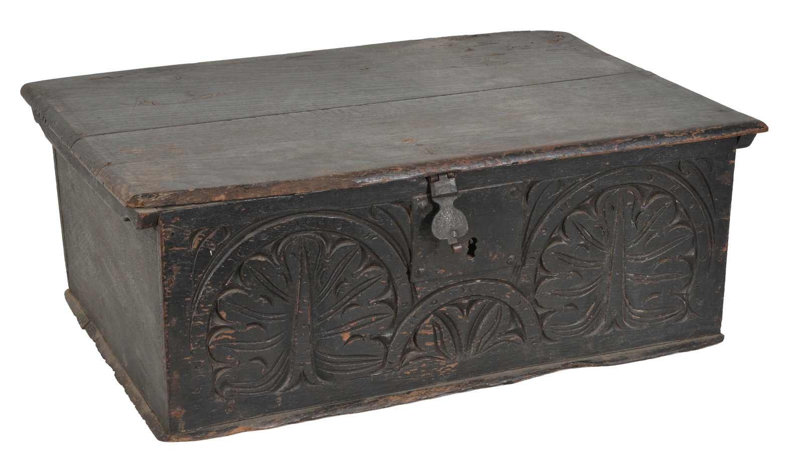 18th Century oak bible box with floral carved front, fitted with iron lock and hinges. Chips and (1 of 6)