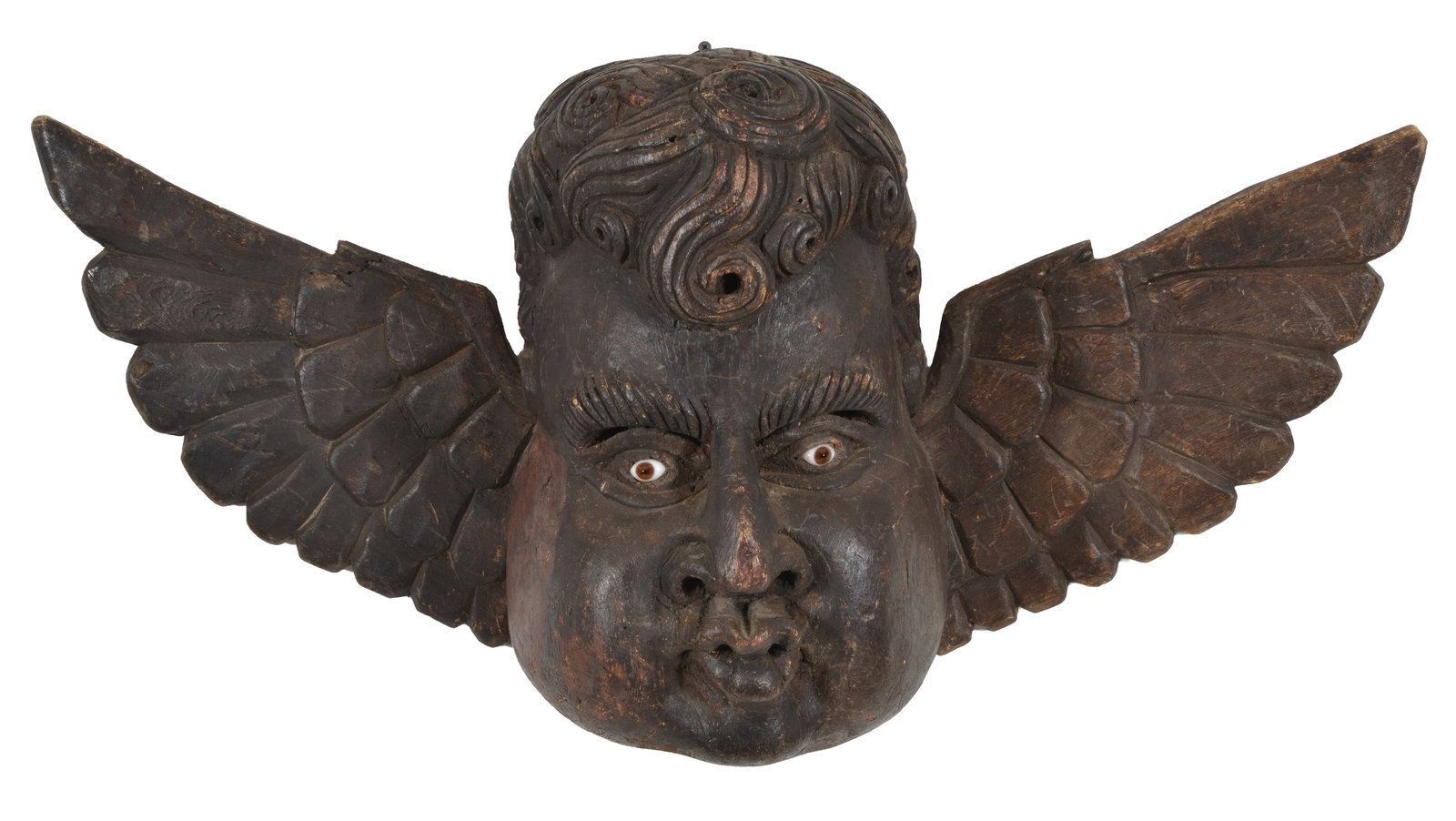 Spanish Colonial carved wood cherub figure set with glass eyes, 19th Century. Width 34 in, height 16 (1 of 6)