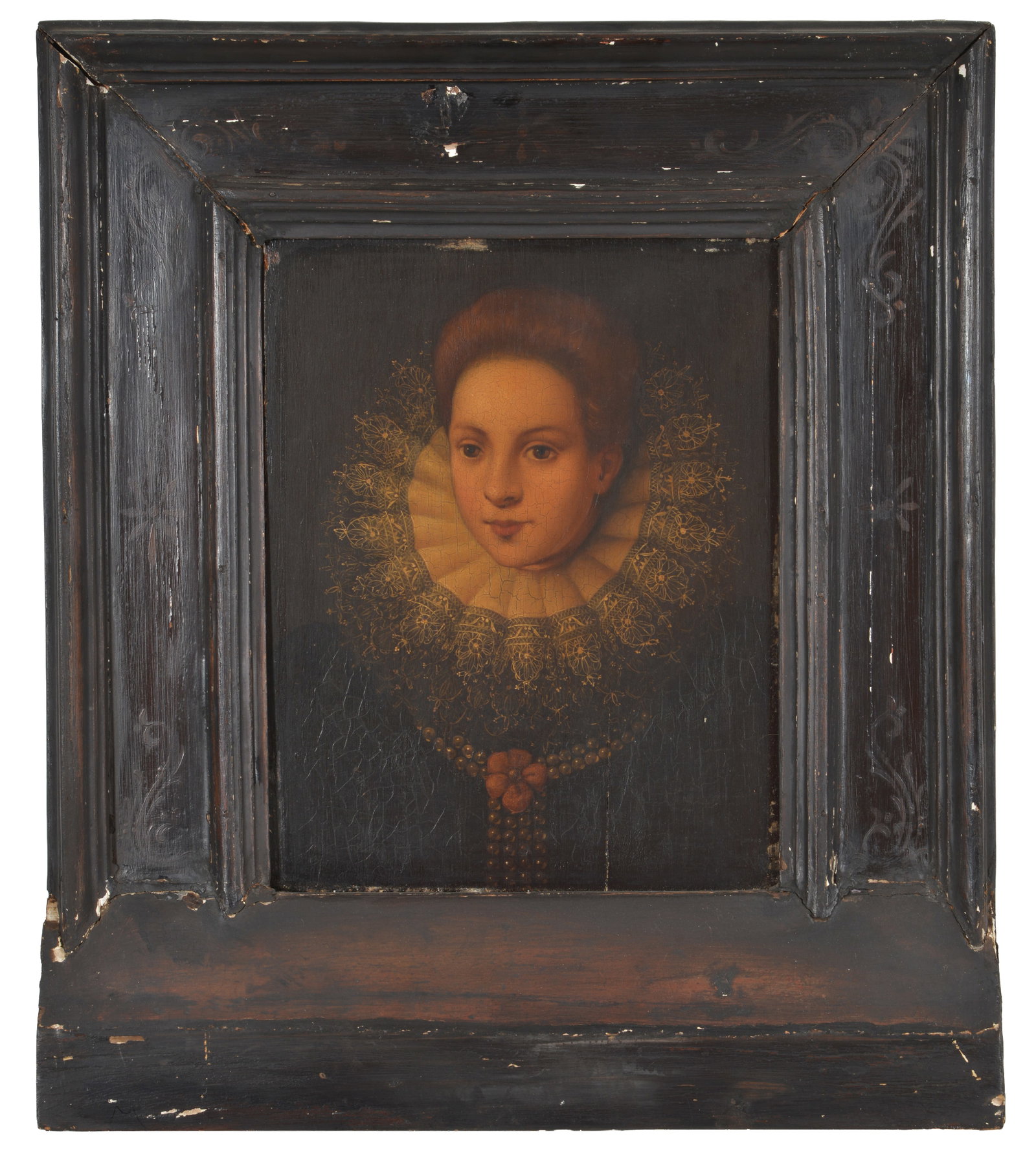 Old Master portrait of a woman with lace collar, pearls and rose, possibly Mary Queen of Scots. Oil: Old Master portrait of a woman with lace collar, pearls and rose, possibly Mary Queen of Scots. Oil on oak panel. Decorated frame. Panel: 11.75 x 9.25in. Overall: 19 x 16.5in.