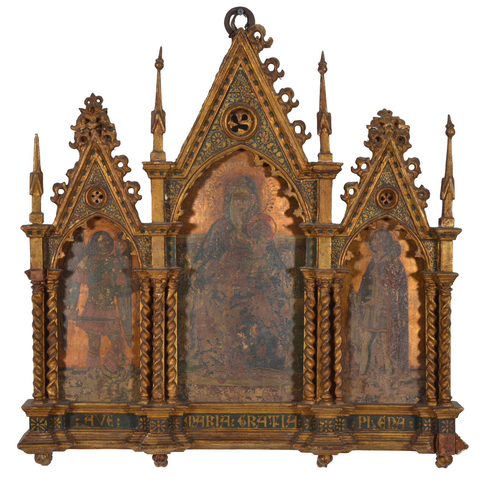 Renaissance Sienese style triptych in Gothic frame. Three painted wooden panels. Inscriptions below: Renaissance Sienese style triptych in Gothic frame. Three painted wooden panels. Inscriptions below images. Damages and losses. 19 5/8 x 27.5 in.