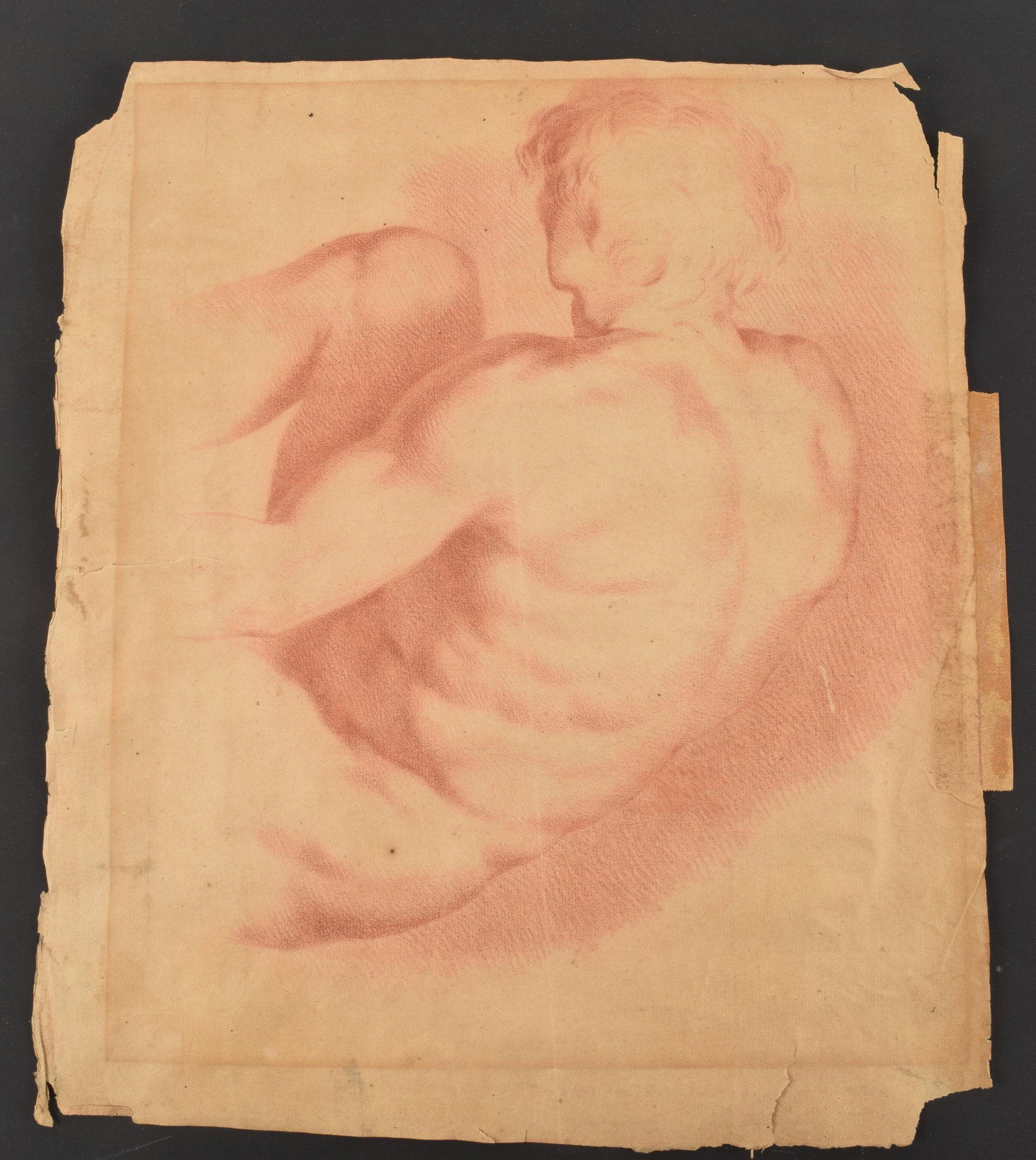 18th century sanguine old master drawing, possibly French. Study of a male torso. Mat burn, rip in: 18th century sanguine old master drawing, possibly French. Study of a male torso. Mat burn, rip in lower center, losses to edges, toning. Sheet size: 11.75 x 13.75in.