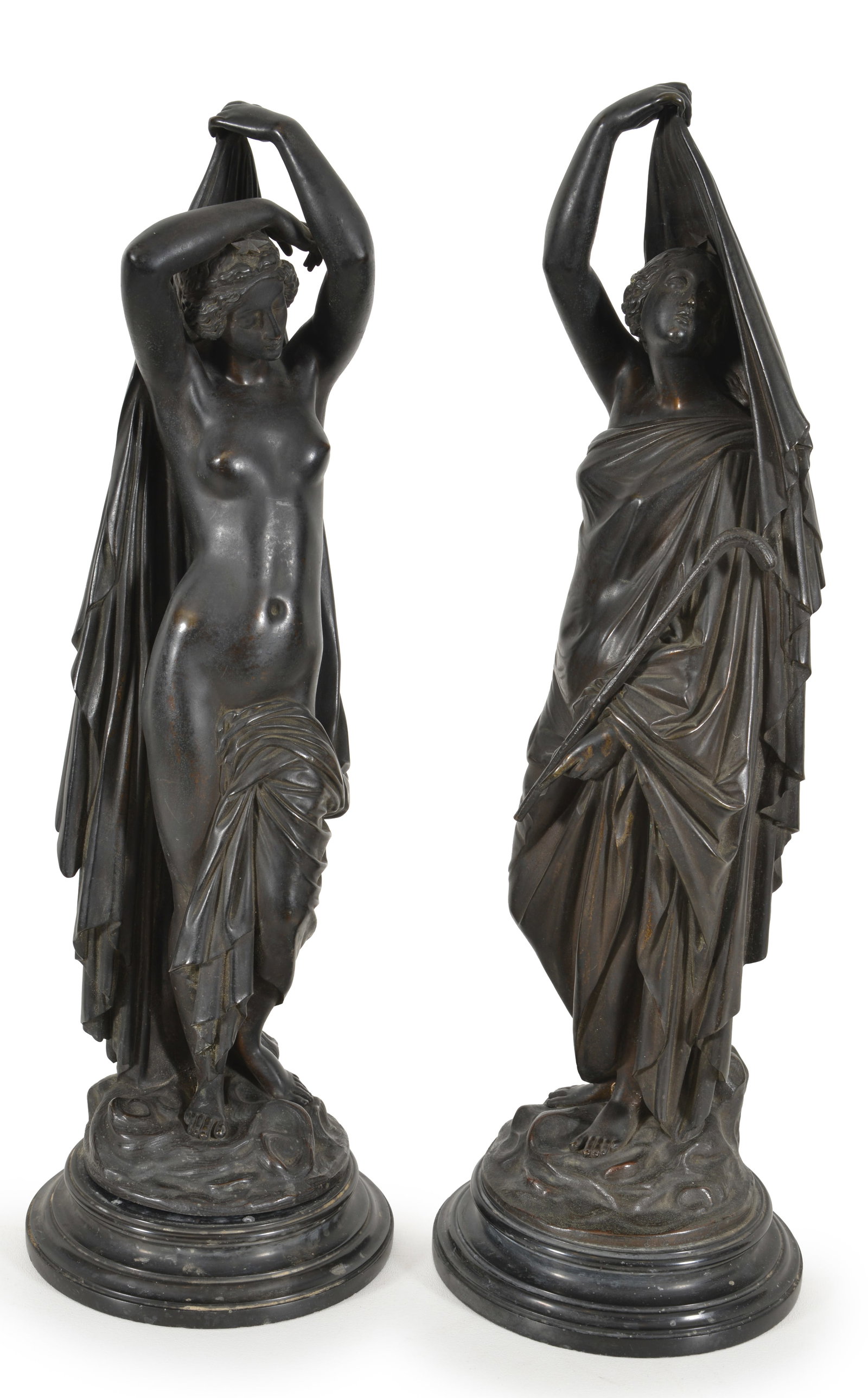 Jean-Jacques Pradier. France. "The Night" and "Shepherd's Star, Daytime". 2 19th century bronze: Jean-Jacques Pradier. France. "The Night" and "Shepherd's Star, Daytime". 2 19th century bronze allegorical sculptures. 1) Signed "Pradier" on left side of base rim. Signed "E. De Cabrone f...(?). Scu