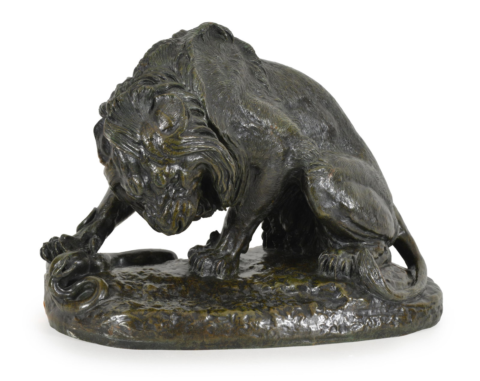 Antoine-Louis Barye. "Lion au Serpent". Large fine quality bronze sculpture depicting a seated lion: Antoine-Louis Barye. "Lion au Serpent". Large fine quality bronze sculpture depicting a seated lion holding down a snake with his right paw, on a naturalistic base. Fine patina. Signed along base "BAR