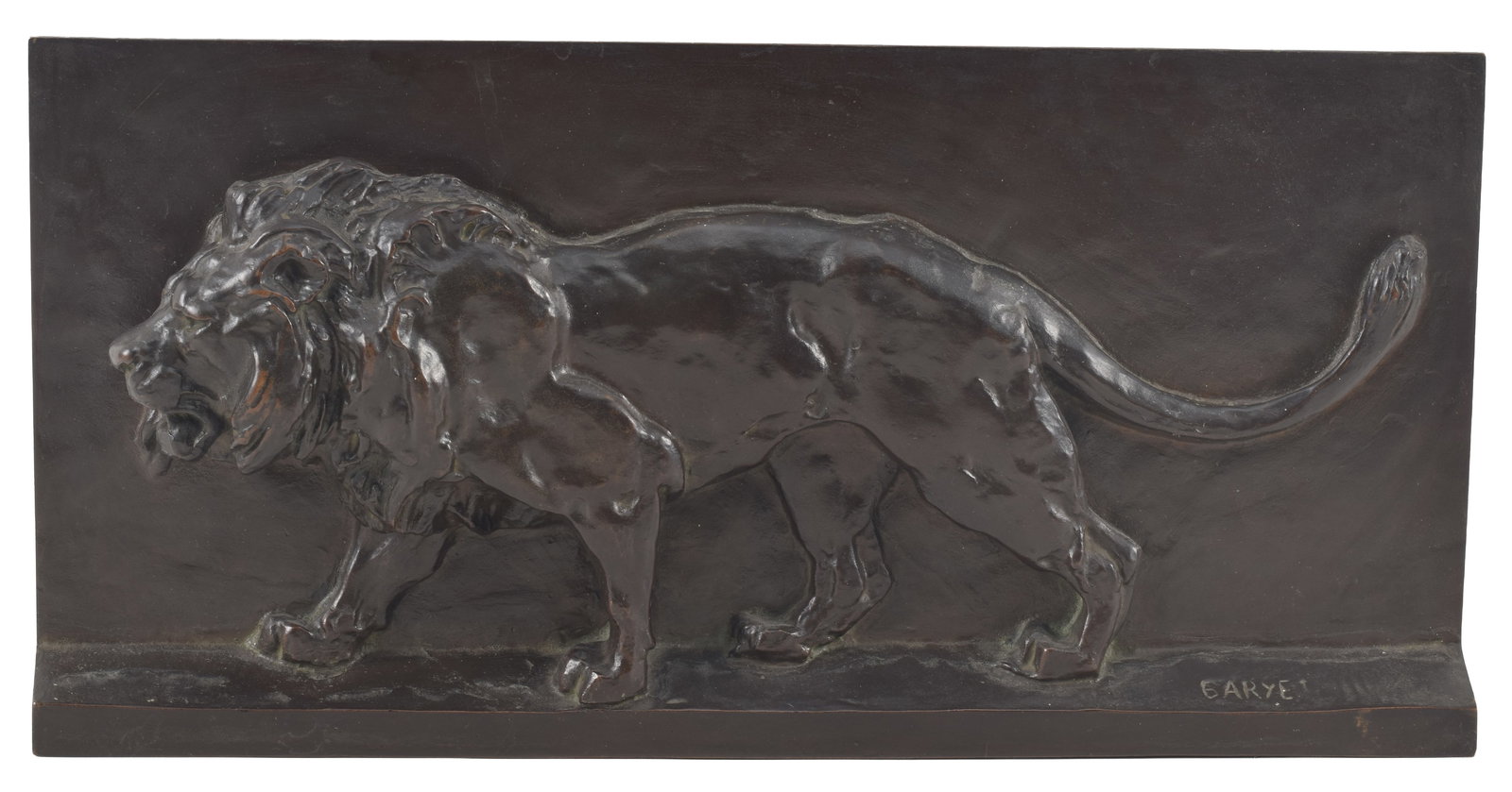 Antoine-Louis Barye. 19th century bronze relief plaque of a lion. Dark brown patina. Signed BARYE: Antoine-Louis Barye. 19th century bronze relief plaque of a lion. Dark brown patina. Signed BARYE lower right. Old Christie's auction label on reverse. 15.5 W x 7.5 H x 2in D.