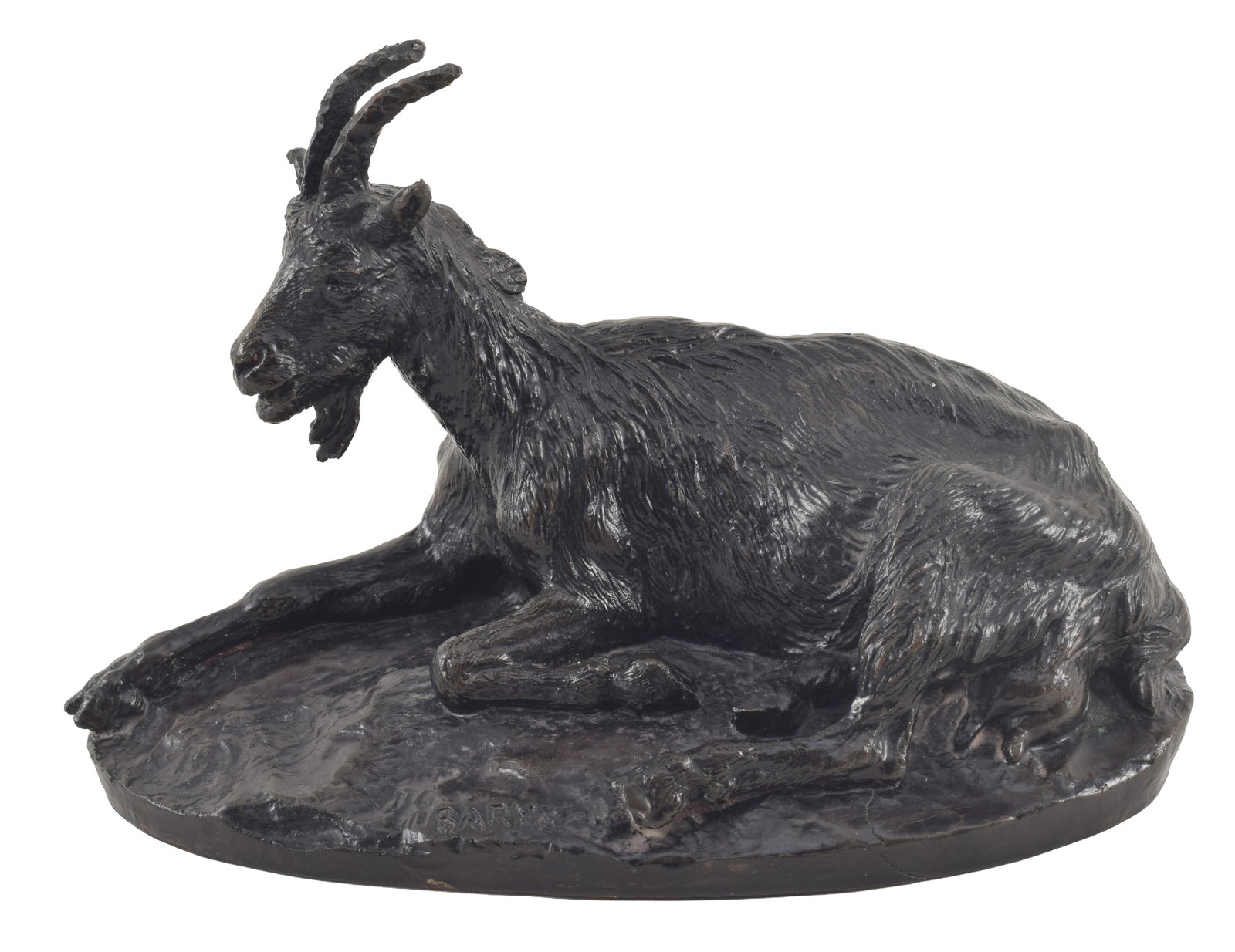 19th century bronze sculpture signed Barye, likely Alfred Barye. Depicting a recumbent goat. Signed (1 of 7)