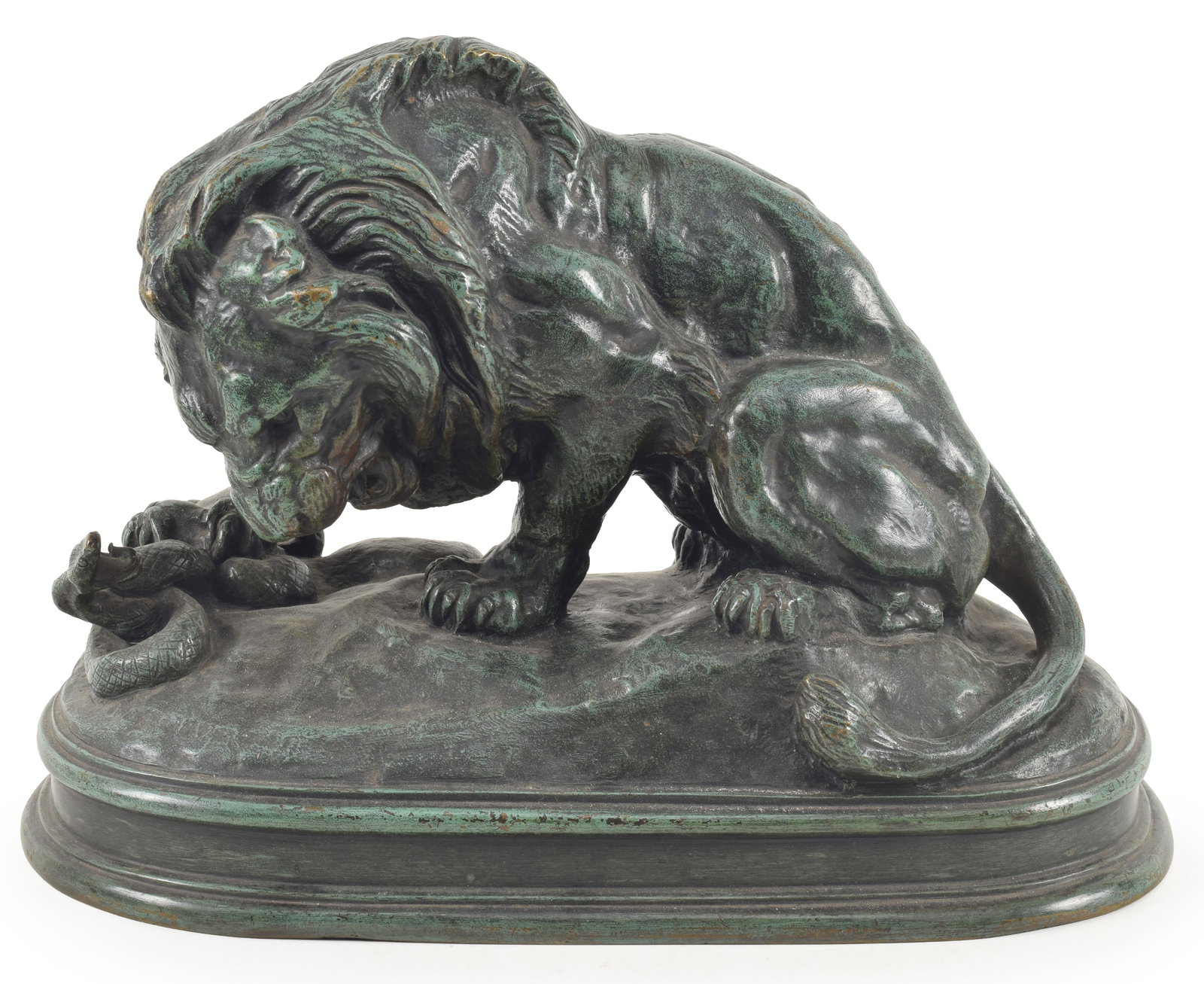 After Antoine-Louis Barye. "Lion au Serpent". Bronze sculpture of a lion holding down a serpent with: After Antoine-Louis Barye. "Lion au Serpent". Bronze sculpture of a lion holding down a serpent with its right paw. Green patina. Signed BARYE on back of right side. 12.75 W x 9 H x 6.25in D.