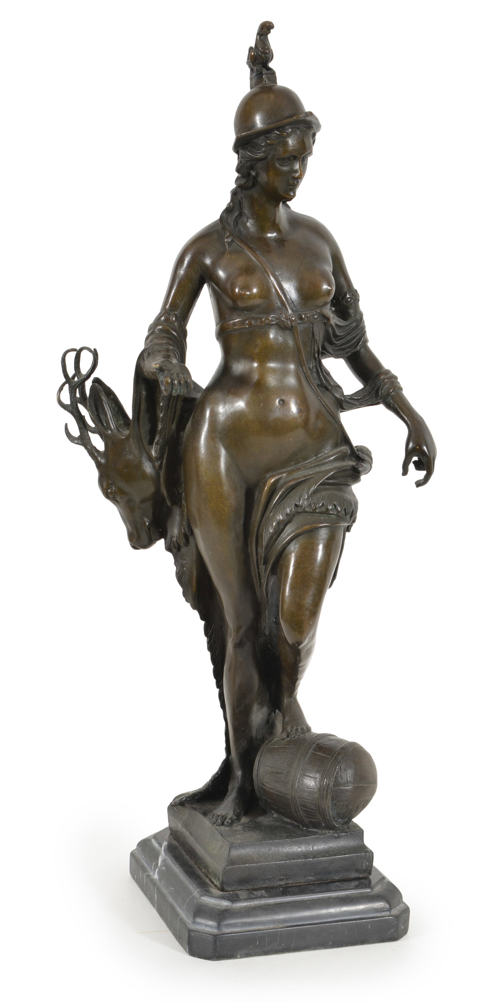 19th century Continental Grand Tour large bronze sculpture of Athena on black marble base. Brown: 19th century Continental Grand Tour large bronze sculpture of Athena on black marble base. Brown patina. Overall height: 26.5in.