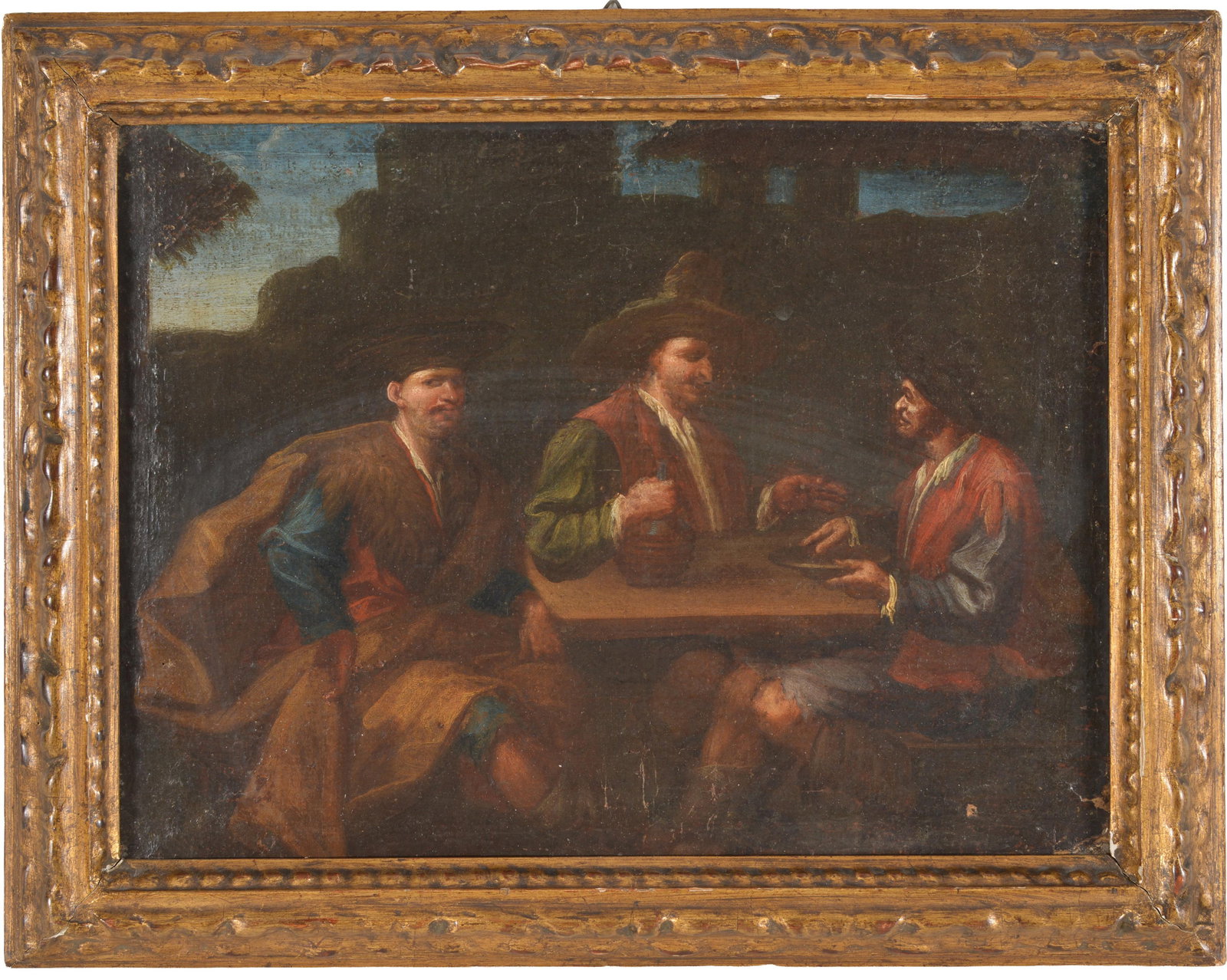 Matthiys Naiveu. Dutch. 17th Century old master outdoor genre scene of three men drinking wine at a: Matthiys Naiveu. Dutch. 17th Century old master outdoor genre scene of three men drinking wine at a table. Marked in ink on reverse, Carlino N. 4 on the canvas and Matthieu Neveu on bottom. Stretcher 