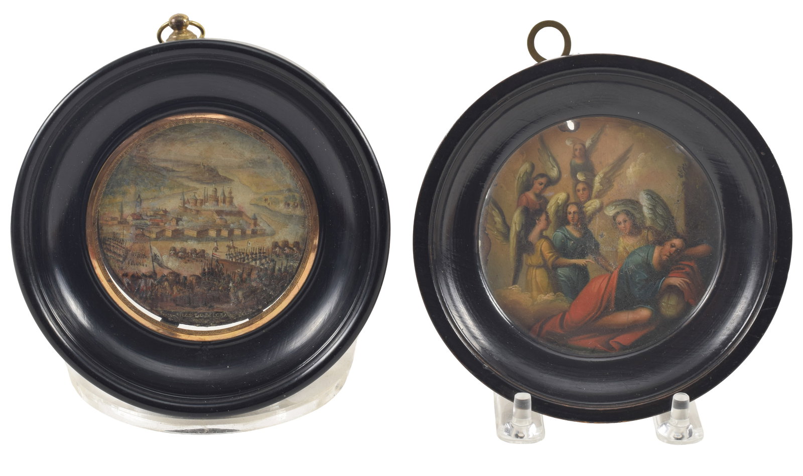2 Old Master miniature paintings. 1) 18th/19th century religious scene of visiting angels. Losses to: 2 Old Master miniature paintings. 1) 18th/19th century religious scene of visiting angels. Losses to outer edges of painting. Lacquered back round board panel. Framed under glass. 4.75in diameter. 2) 