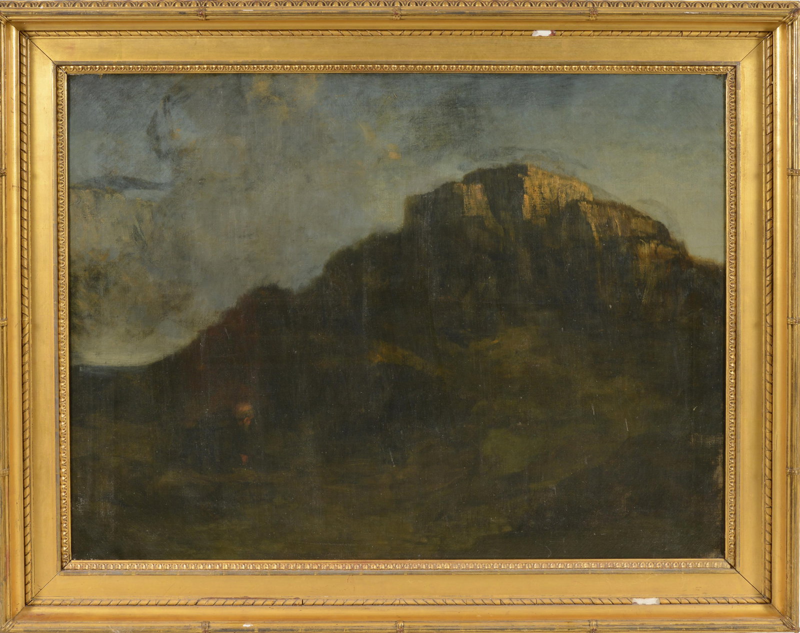 Alphonse Legros. France/United Kingdom. Large twilight landscape with mountain and figure before a: Alphonse Legros. France/United Kingdom. Large twilight landscape with mountain and figure before a cavern. Oil on canvas. Period gilt frame. Original label on reverse with artist name. Sight: 34.25 x 