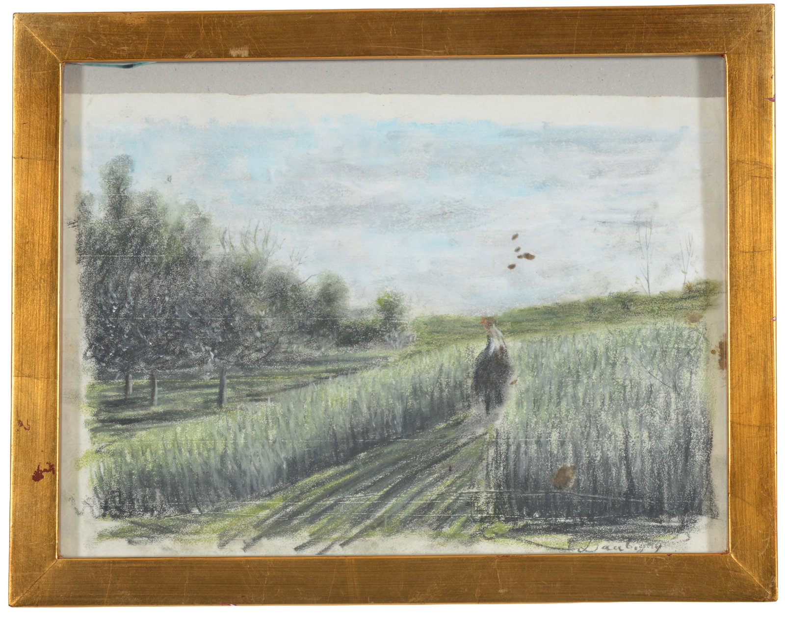 Charles Francois Daubigny. France. Original pastel drawing with figure on horseback. Signed lower: Charles Francois Daubigny. France. Original pastel drawing with figure on horseback. Signed lower right. Sight: 8.25 x 12in. Overall: 10.5 x 13.25in.