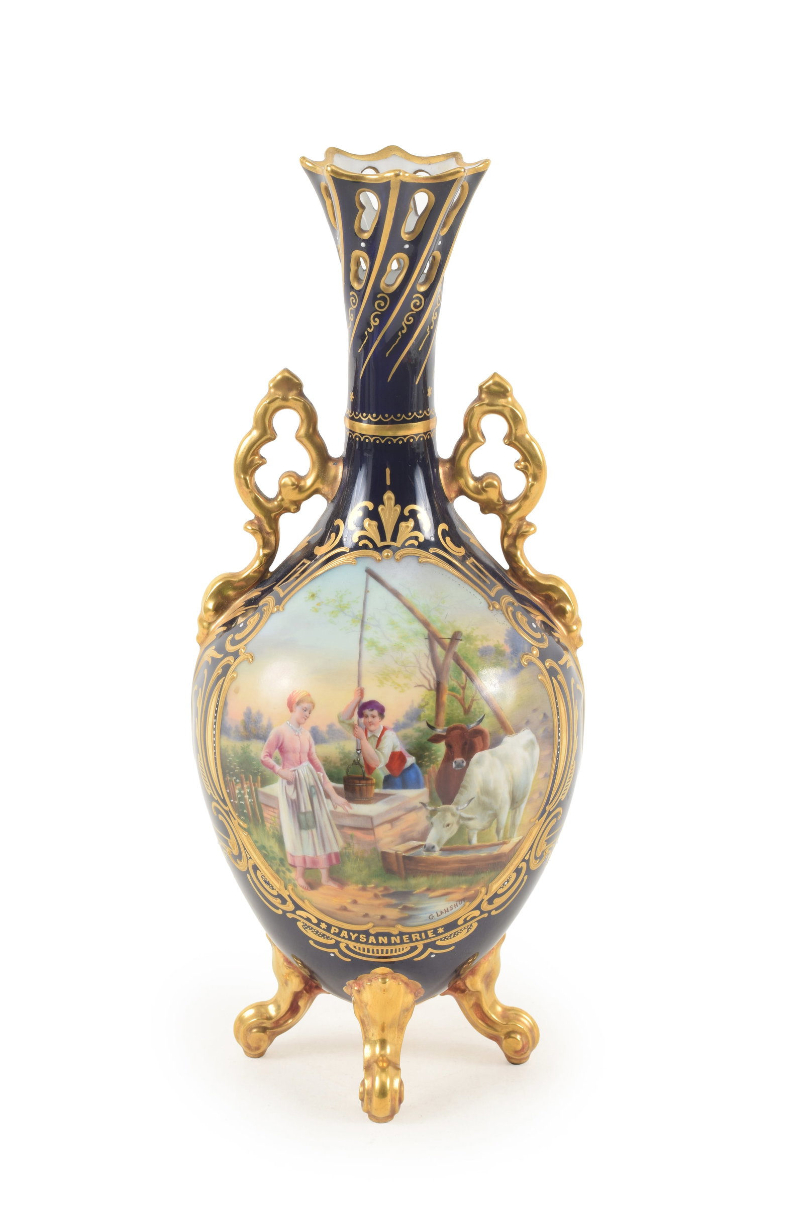 Sevres porcelain footed vase with panel decorated with a hand painted bucolic scene, titled: Sevres porcelain footed vase with panel decorated with a hand painted bucolic scene, titled "Paysannierie" and signed by artist G. Lanshut. Fine condition. Height 10 1/2 in.