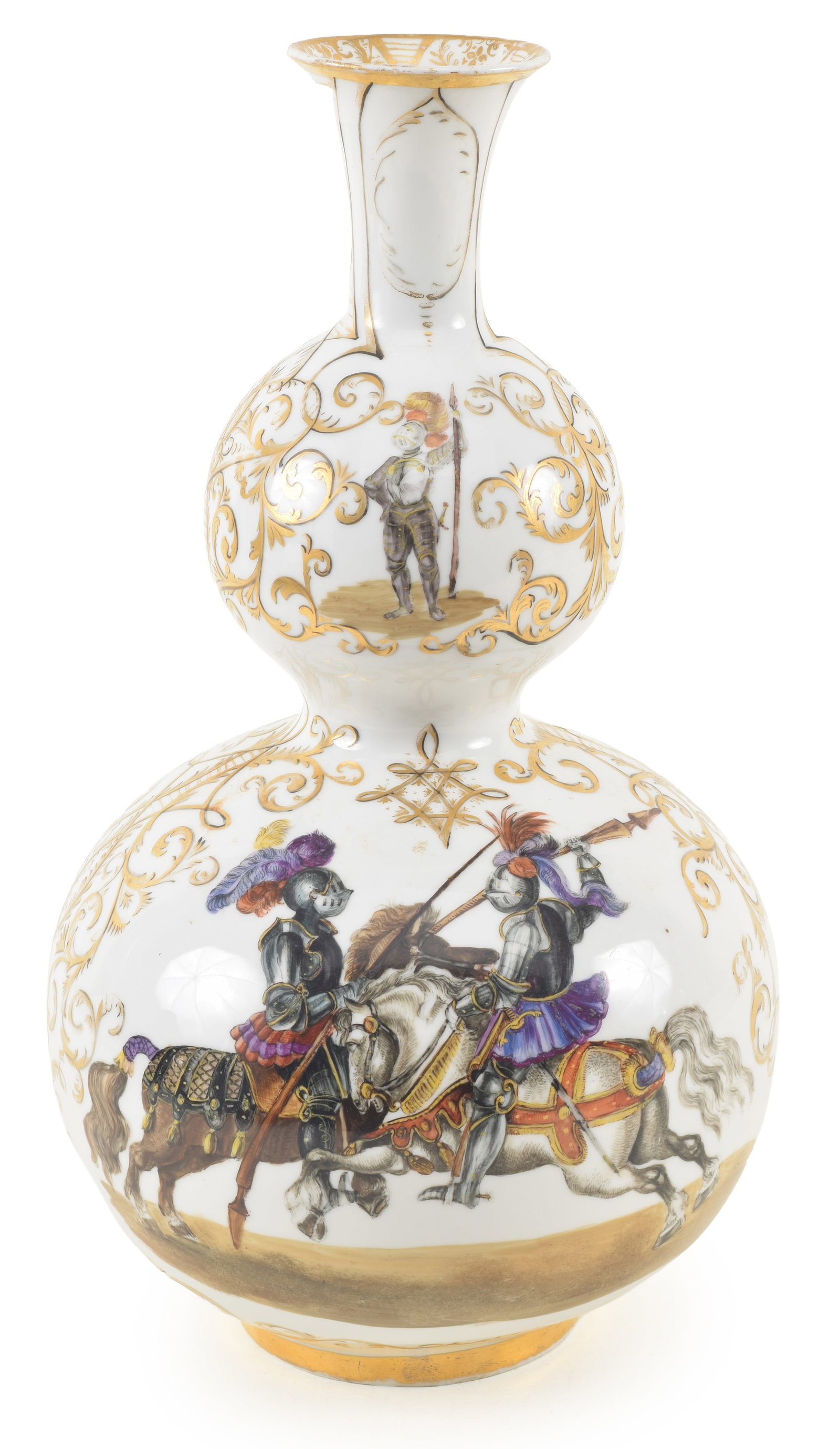 Unusual Meissen Augustus Rex porcelain vase decorated with knights in combat, 19th century. Double: Unusual Meissen Augustus Rex porcelain vase decorated with knights in combat, 19th century. Double gourd form. Hand painted combat scenes; on one side with knights jousting, on the other with knights 