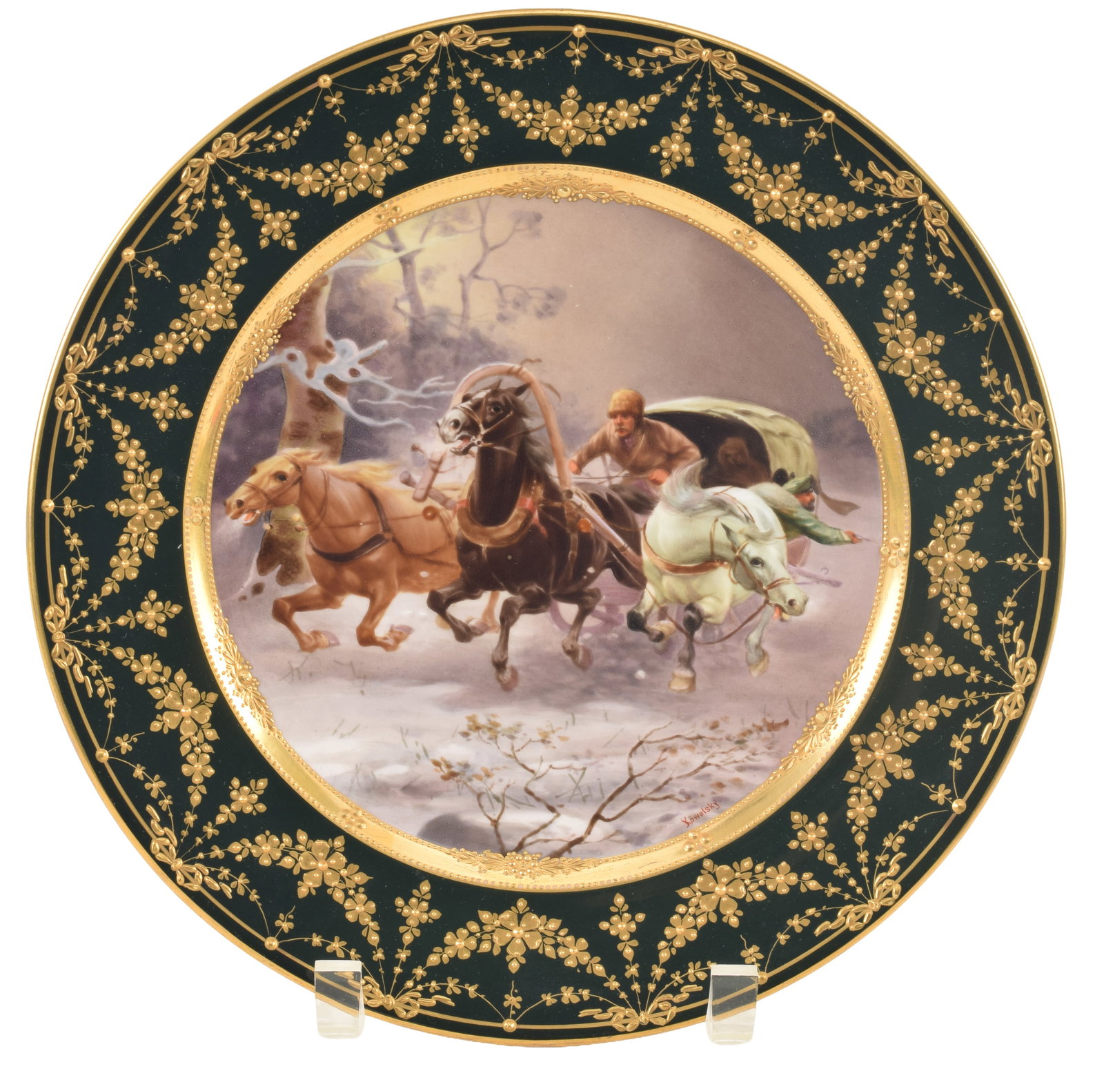 Royal Vienna hand painted plate with a gilt borders and a dramatic scene of a sleigh pulled by a (1 of 7)