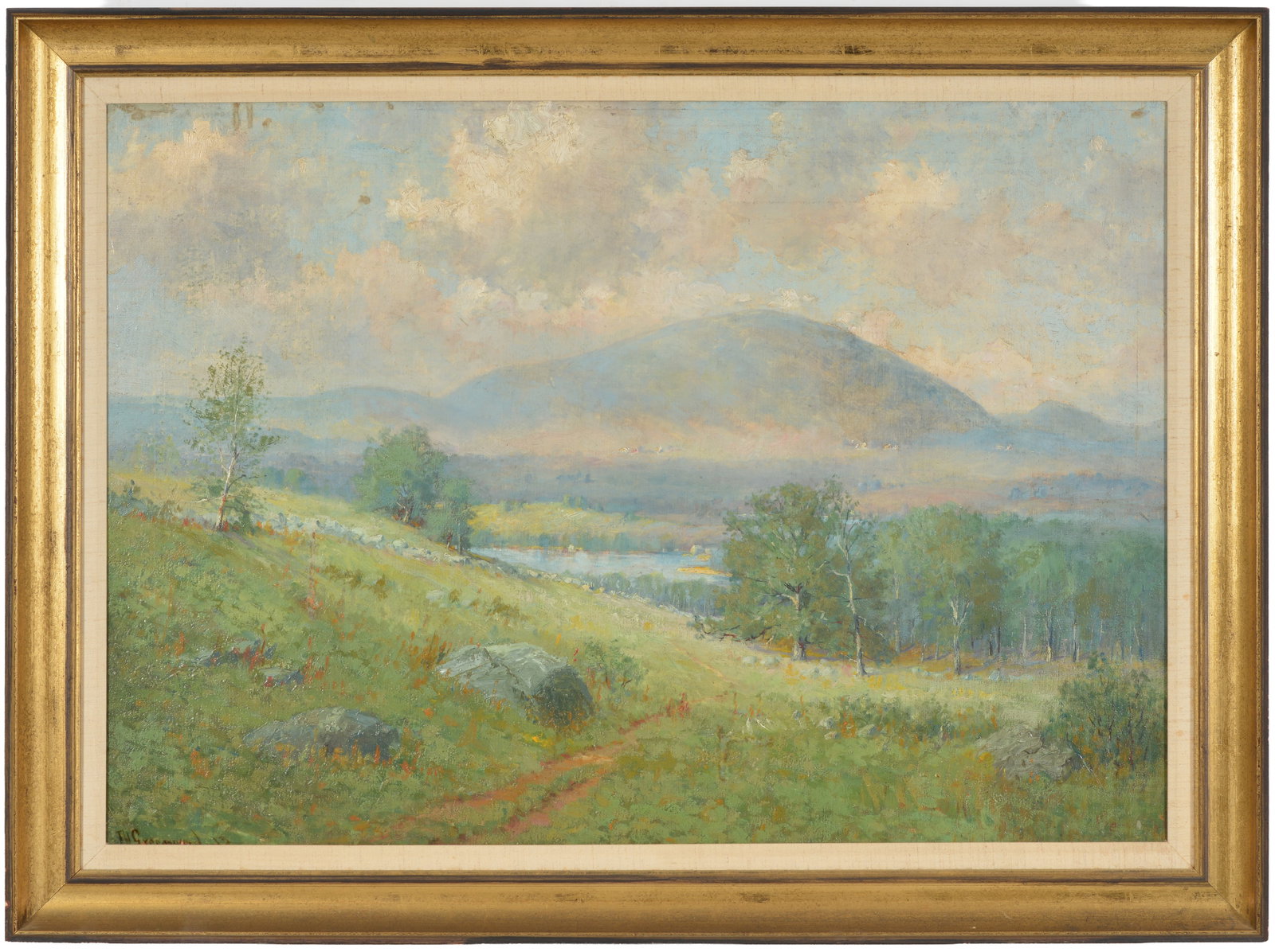Joseph Greenwood. 1913. Large New Hampshire Mount Monadnock landscape with houses in background. Oil: Joseph Greenwood. 1913. Large New Hampshire Mount Monadnock landscape with houses in background. Oil on canvas. Signed lower left. Framed. Relined. Several brown spot areas that appear to not have bee
