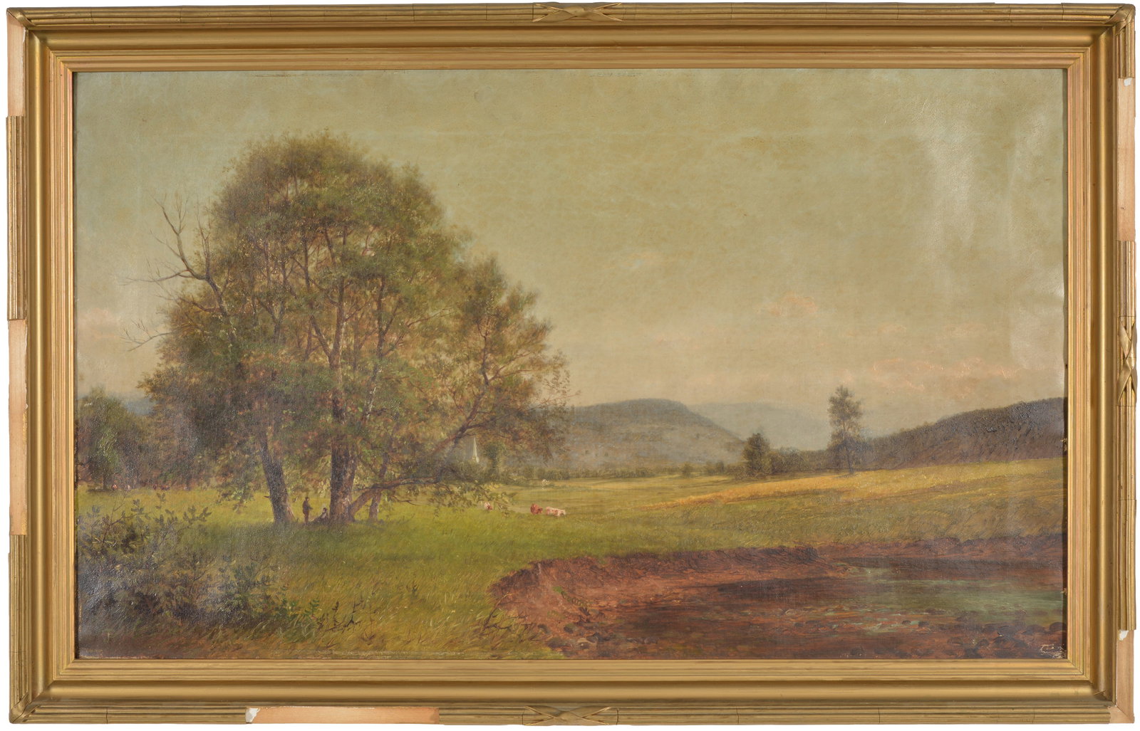 Large New Hampshire school landscape with figures under a tree, cattle, and church steeple in the (1 of 7)
