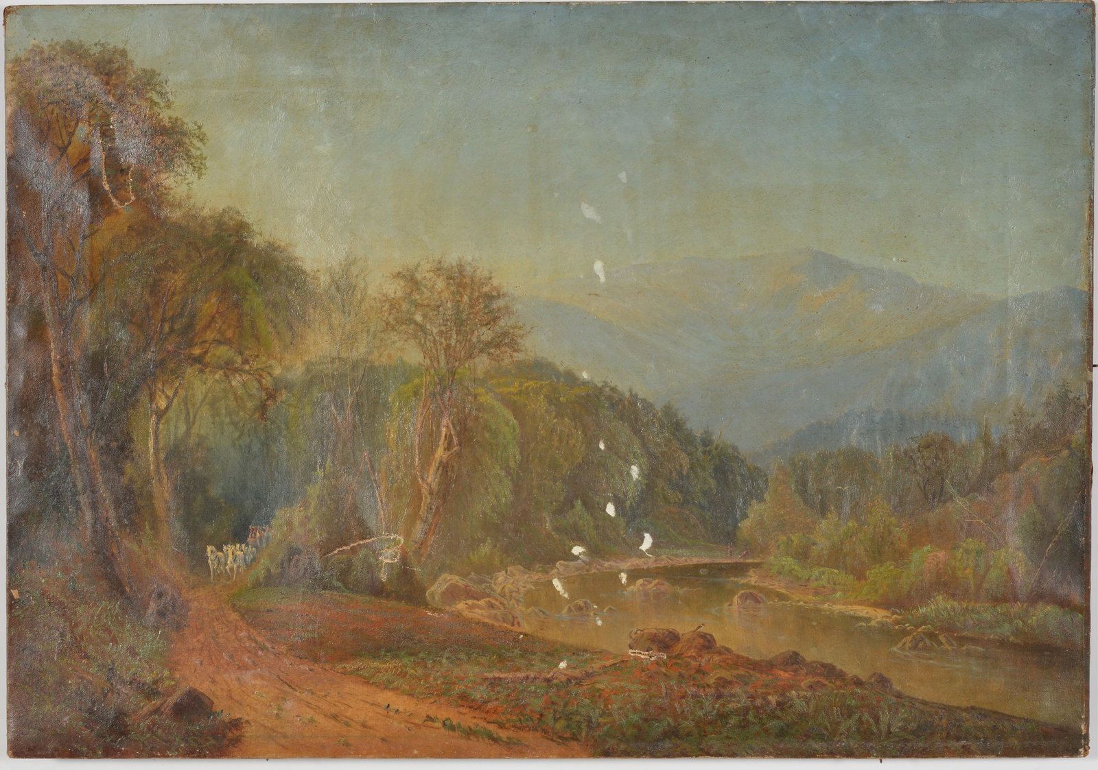Large mid-19th century White Mountains school landscape painting with mountains, wildlife, and: Large mid-19th century White Mountains school landscape painting with mountains, wildlife, and approaching stagecoach on path. Oil on canvas. Unframed. Several punctures and white paint splatter near 