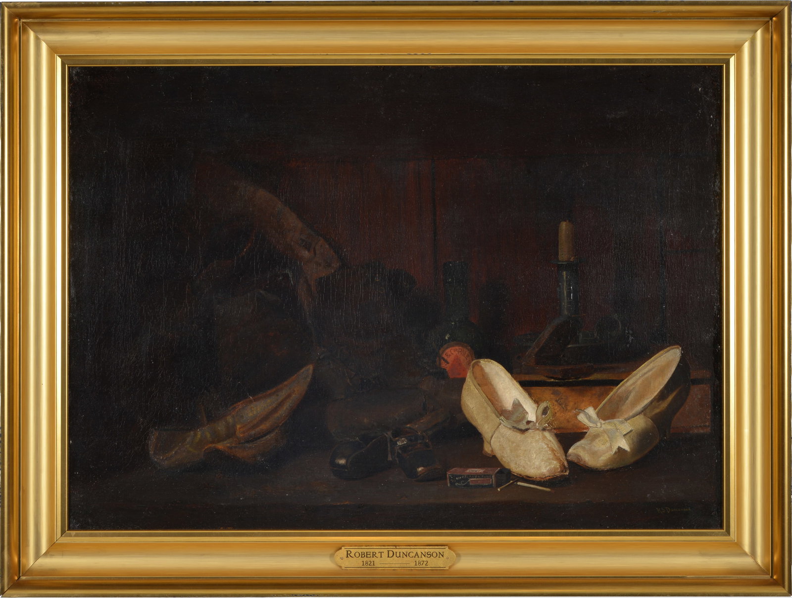 Robert Seldon Duncanson. American. Trompe l'oeil tabletop still life with shoes, matches, and: Robert Seldon Duncanson. American. Trompe l'oeil tabletop still life with shoes, matches, and bottles. Oil on canvas. Signed lower right. Framed. Relined. Inpainting and restoration. Sight: 21.25 x 29