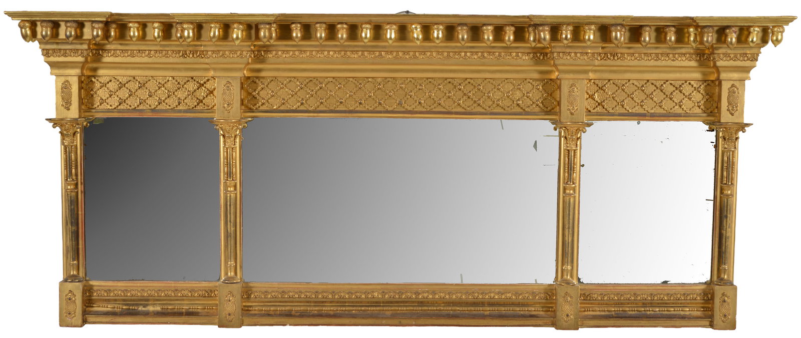 Federal gilded three panel over mantel mirror, possibly New York, circa 1815. 29 x 69 in (1 of 2)