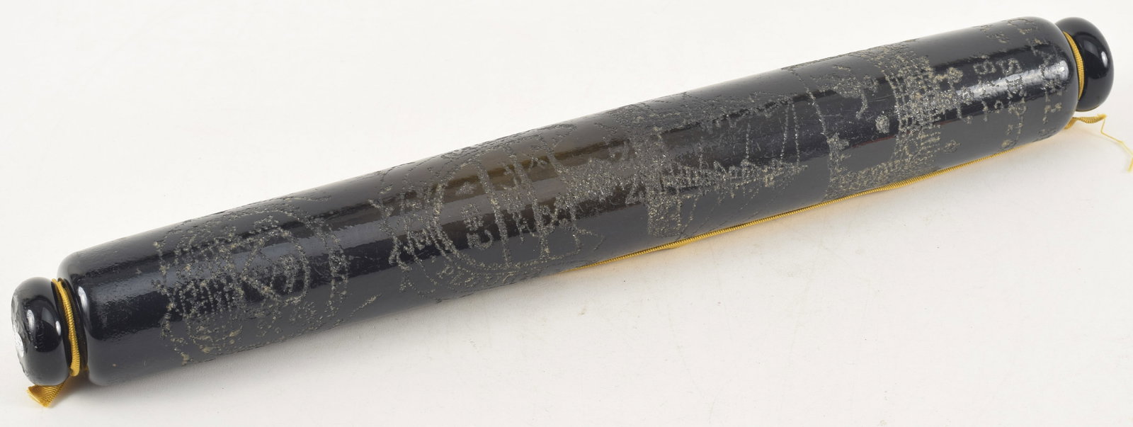 19th century American folk art decorated green glass rolling pin. Richly ornamented with intaglio: 19th century American folk art decorated green glass rolling pin. Richly ornamented with intaglio pictorial scenes and inscriptions, including: Michael Smith's Leap, September 15th 1842 with a figure 