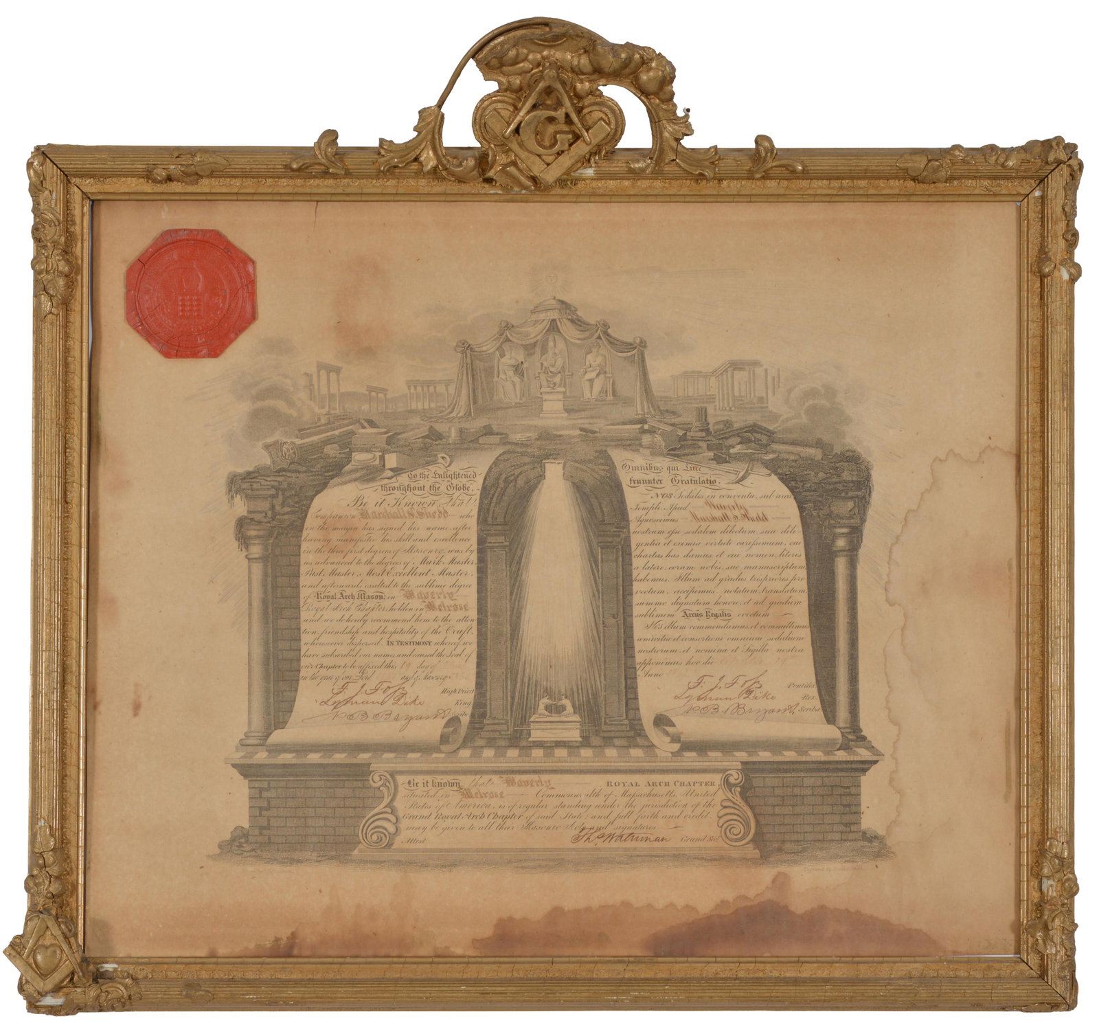 Masonic Royal Arch membership certificate issued for Marshall Shedd April 19, 1865, Melrose (1 of 16)