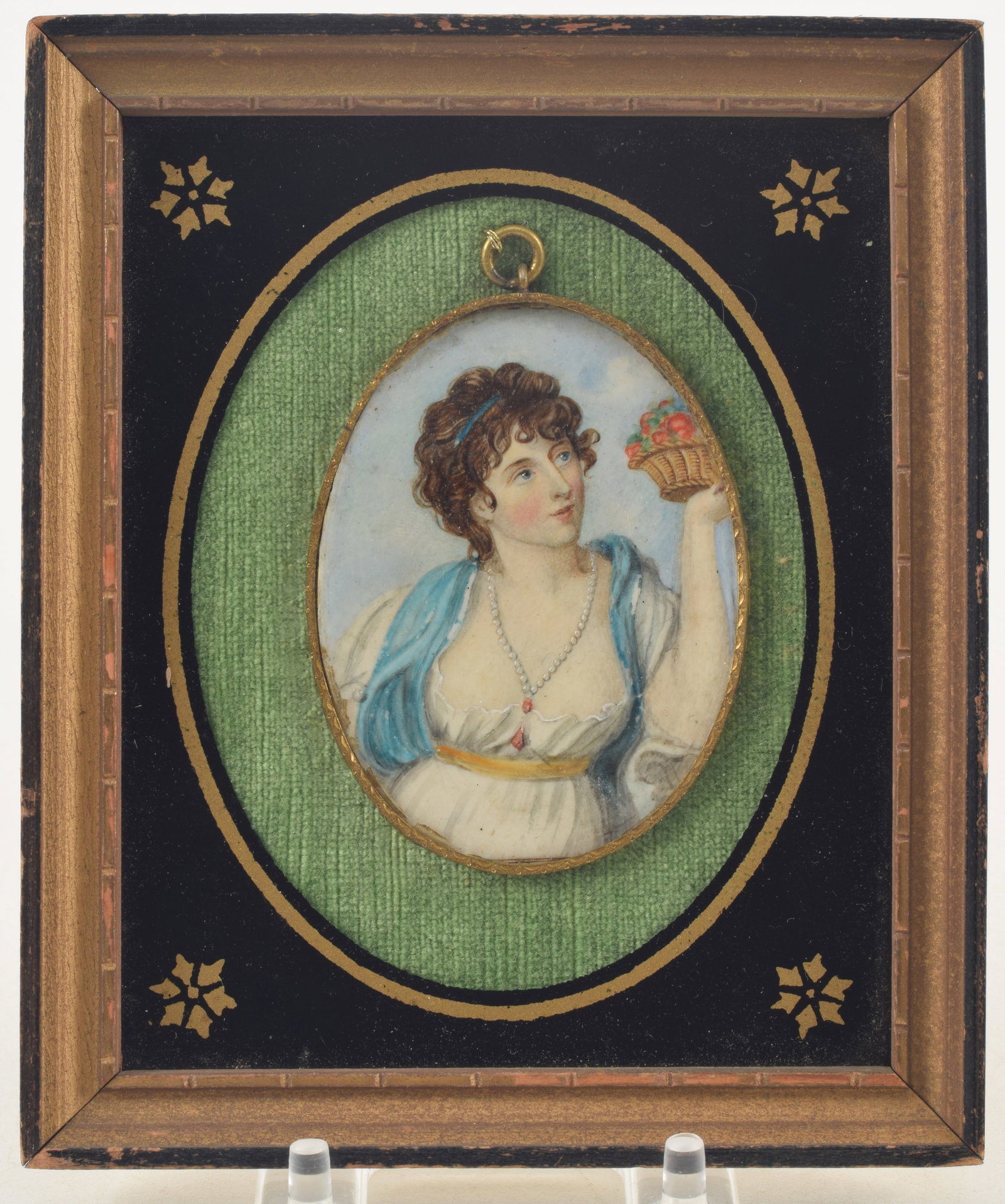 18th Century miniature painting of a classical maiden with a basket of fruit and long pearl (1 of 3)