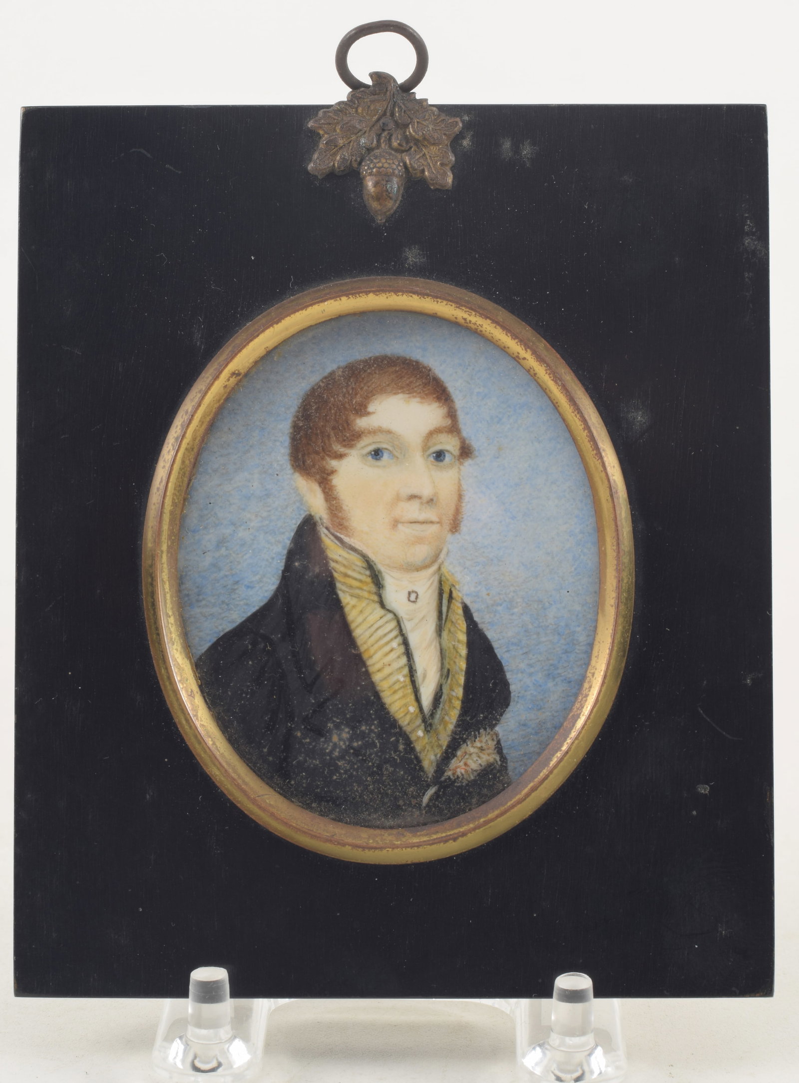 Early 19th Century portrait miniature of a young gentleman with a stripped vest. Signed and dated on: Early 19th Century portrait miniature of a young gentleman with a stripped vest. Signed and dated on reverse, Jan. 3 1818, name illegible.. Framed with gilded bezel. Image 2 7/8 x 2 3/8 in, overall si