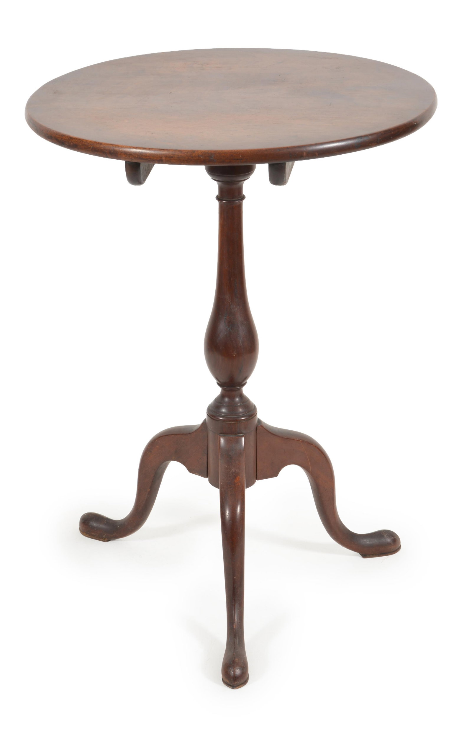 Queen Anne walnut candlestand with richly grain circular top on a turned bulbous post with short (1 of 5)
