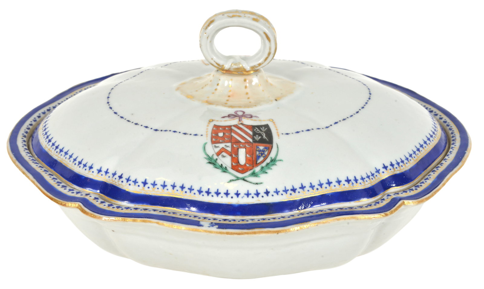 18th century Chinese export porcelain armorial decorated covered vegetable dish. Important: 18th century Chinese export porcelain armorial decorated covered vegetable dish. Important inscriptions on base and interior of lid "Canton in China 24th January 1791". Chadwick coat of arms. Pieces o
