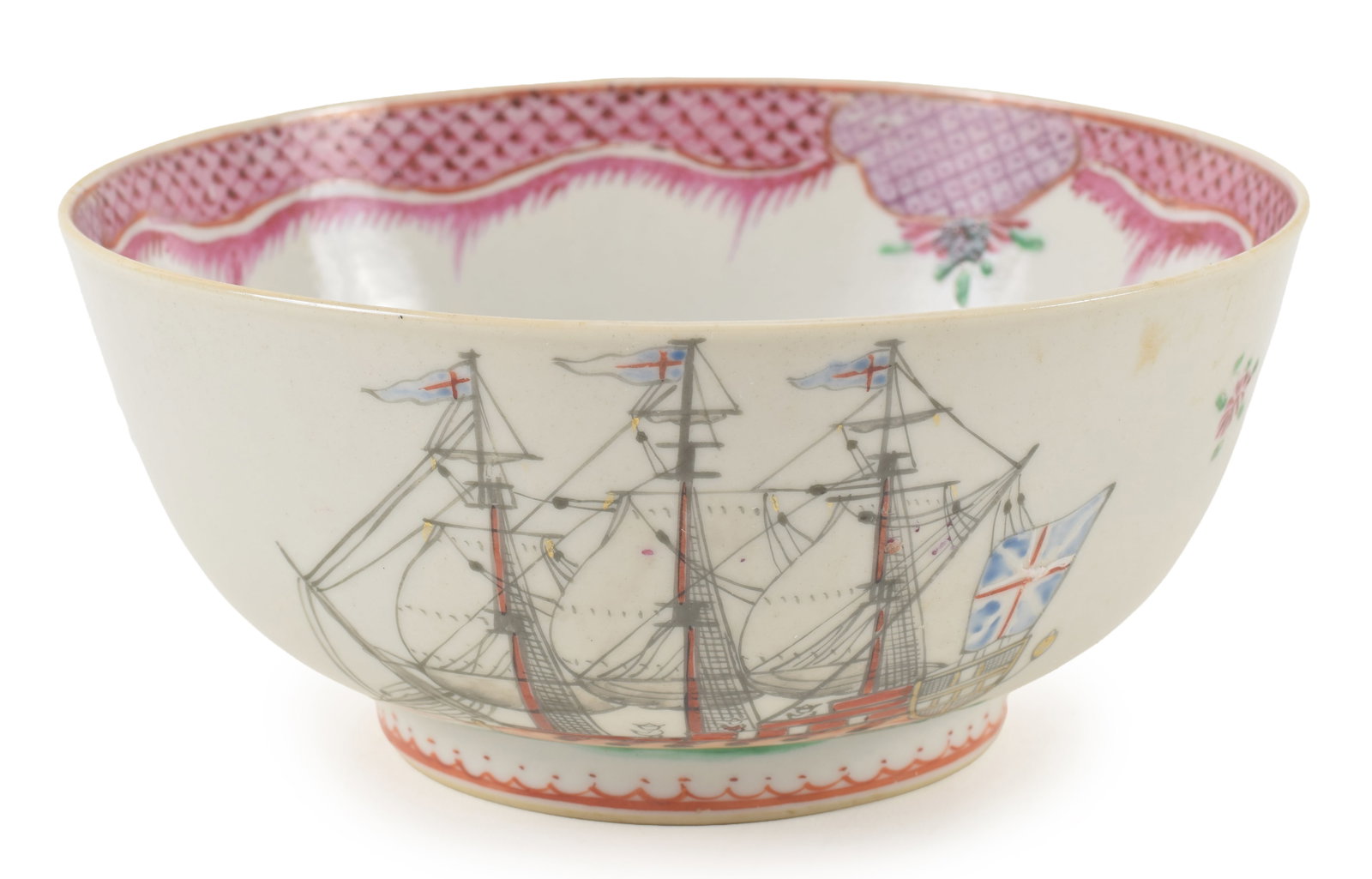 18th century Chinese export porcelain ships decorated bowl. 2 ships bearing flags. Hairline crack on: 18th century Chinese export porcelain ships decorated bowl. 2 ships bearing flags. Hairline crack on side. 5.5in diameter.