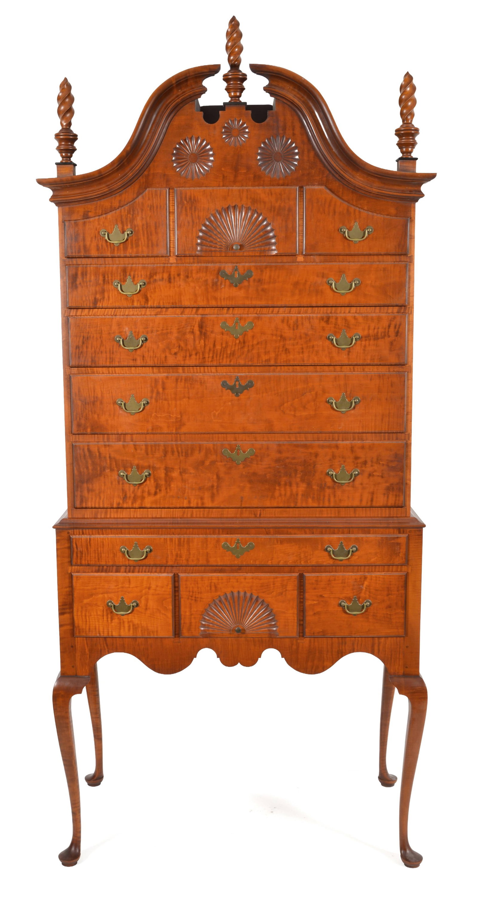 Eldred Wheeler Queen Anne style tiger maple high chest in the Dunlap manner with fans and pinwheels. (1 of 13)