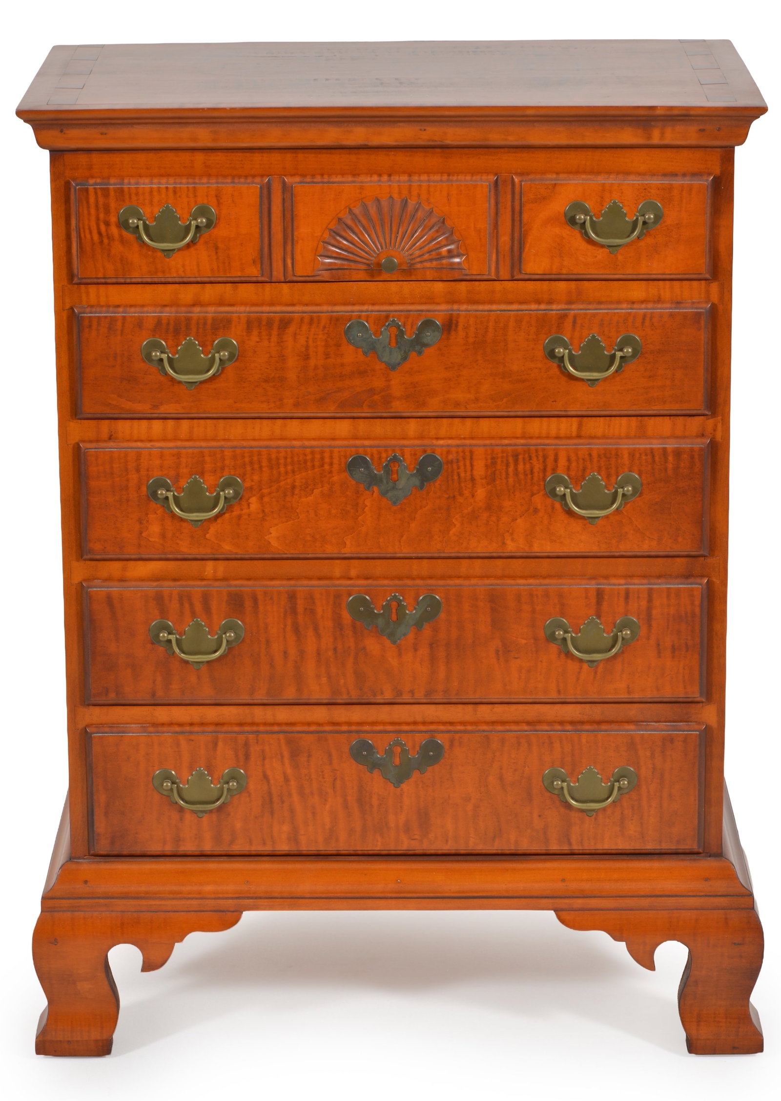 Eldred Wheeler Queen Anne style tiger maple diminutive chest of drawer with fan carved drawer and (1 of 9)