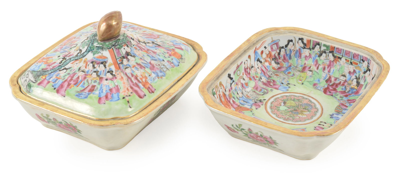 Unusual 19th century famille rose Chinese Export porcelain covered vegetable dishes. Decoration of: Unusual 19th century famille rose Chinese Export porcelain covered vegetable dishes. Decoration of numerous figures in a courtyard surrounding central motifs of fruit and butterflies. 9.5in wide. One 