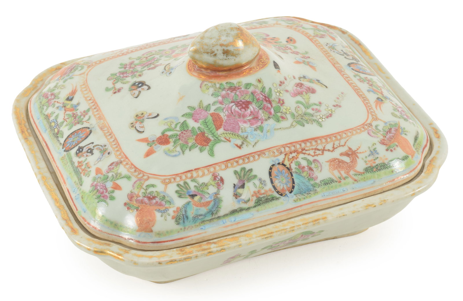 Dated 1872 Chinese export famille rose porcelain covered dish. Floral bunches and vases with: Dated 1872 Chinese export famille rose porcelain covered dish. Floral bunches and vases with butterflies and deer. Inscribed "1872 Canton" on base. Wear to gilt. 9.5in wide.