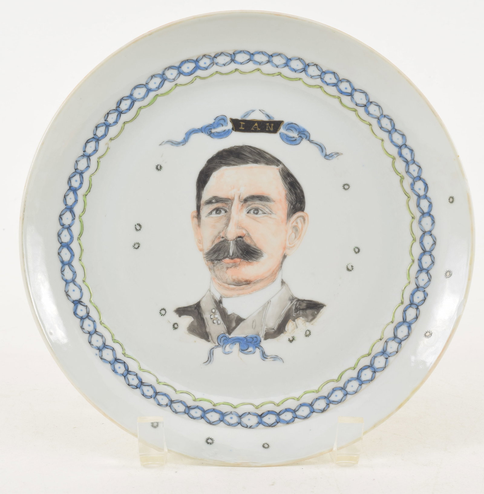 Scarce Chinese export porcelain plate depicting Ira A. Nadeau, from a series depicting various: Scarce Chinese export porcelain plate depicting Ira A. Nadeau, from a series depicting various American Indian dignitaries. Nadeau, who served as the Director General of the Alaska-Pacific-Yukon Expos