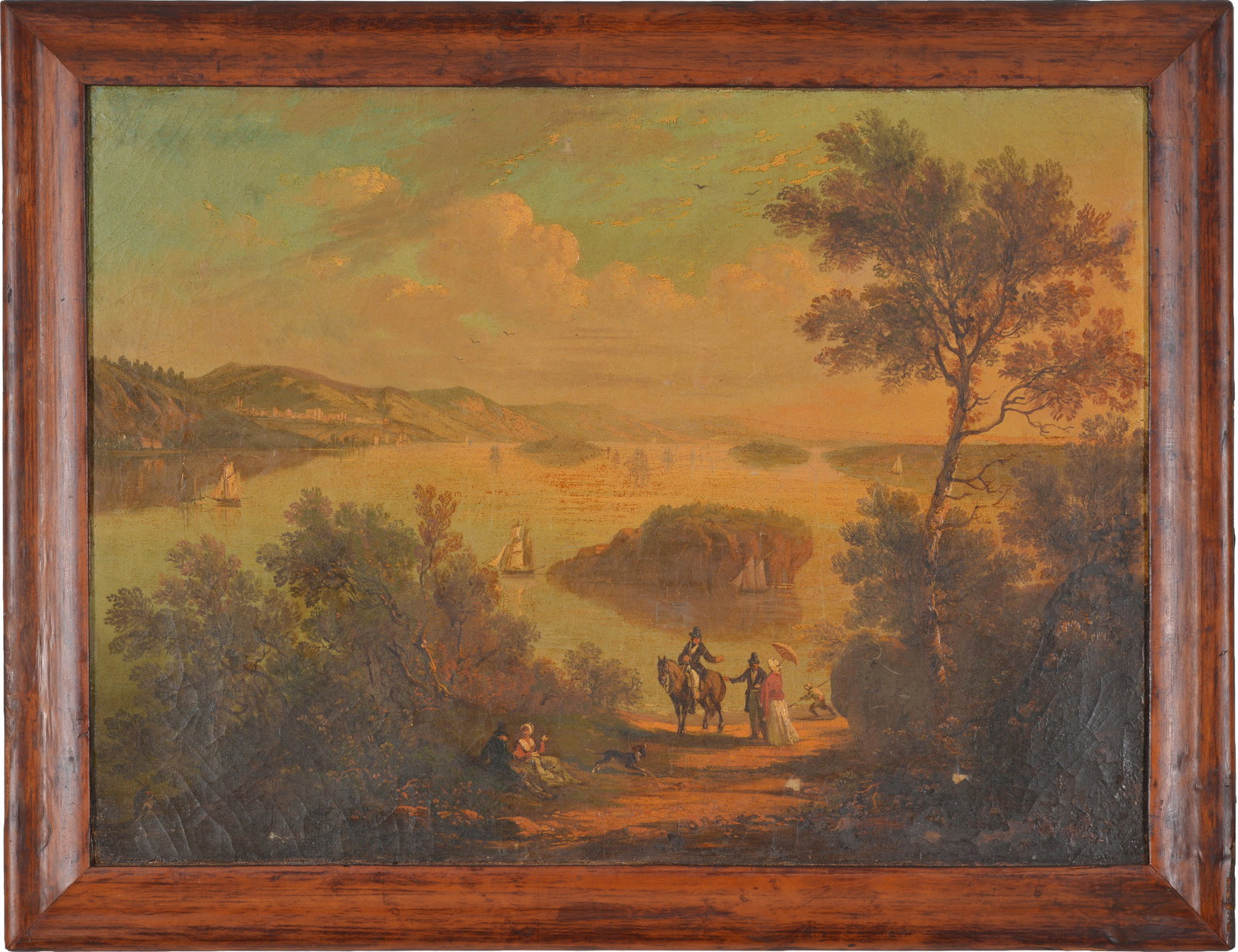 Victor de Grailly. Hudson River view with figures and sailboats with a town off in the distance. Oil: Victor de Grailly. Hudson River view with figures and sailboats with a town off in the distance. Oil on canvas. Framed. Paint loss and craquelure. Old reline. Sight: 17 x 23.25in. Overall: 20.5 x 27in