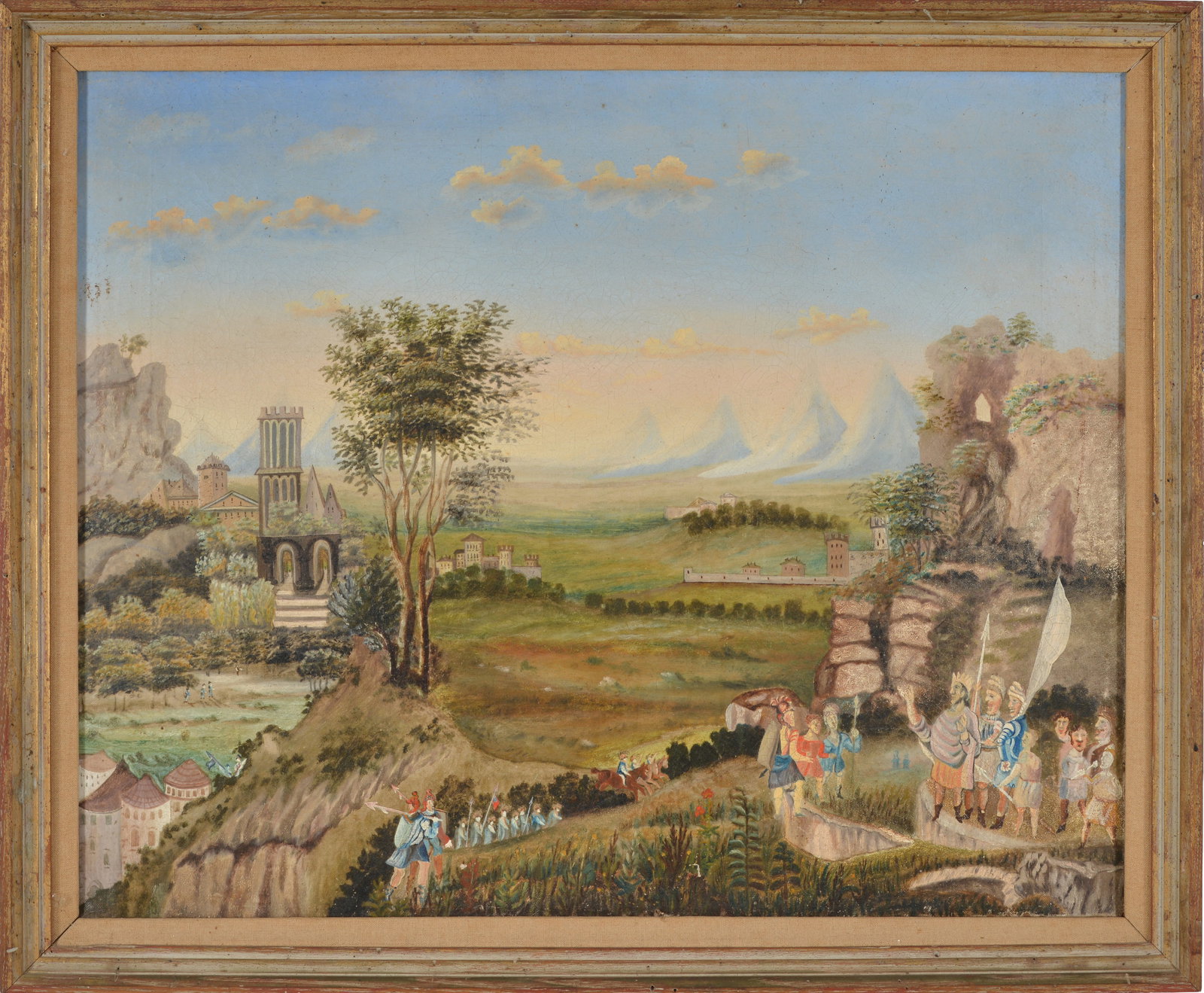 Attributed to Erastus Salisbury Field. Mid 19th century American folk art landscape depicting a (1 of 9)