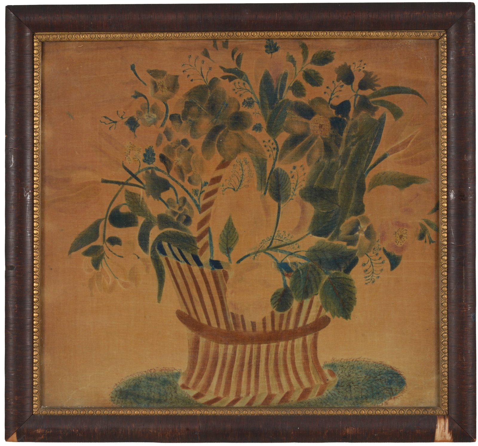 Early 19th century American theorem still life of a basket of flowers. Framed under glass. Toning. (1 of 7)
