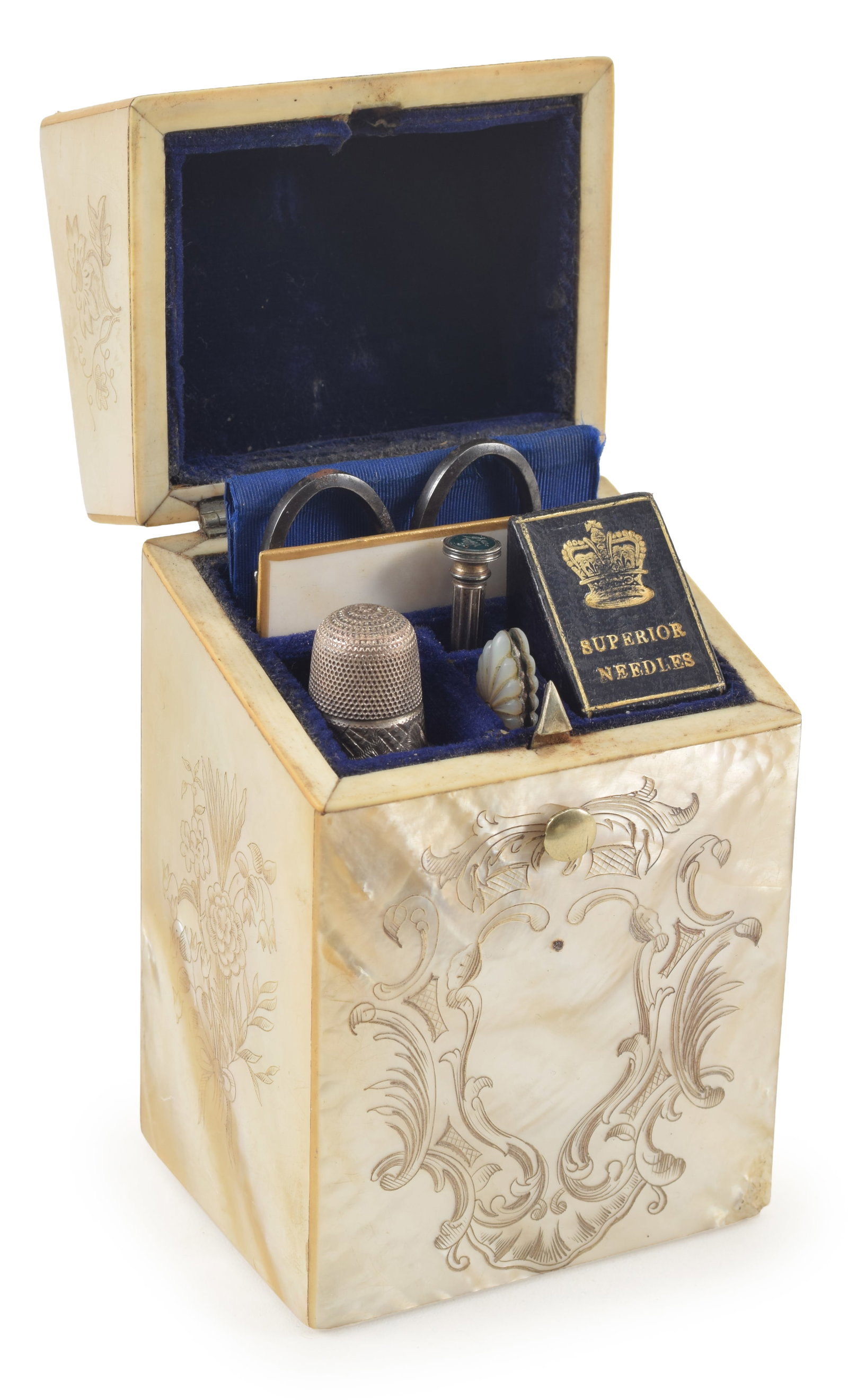Mother of pearl floral decorated sewing box fitted with assorted tools and implements, Rogers & (1 of 6)